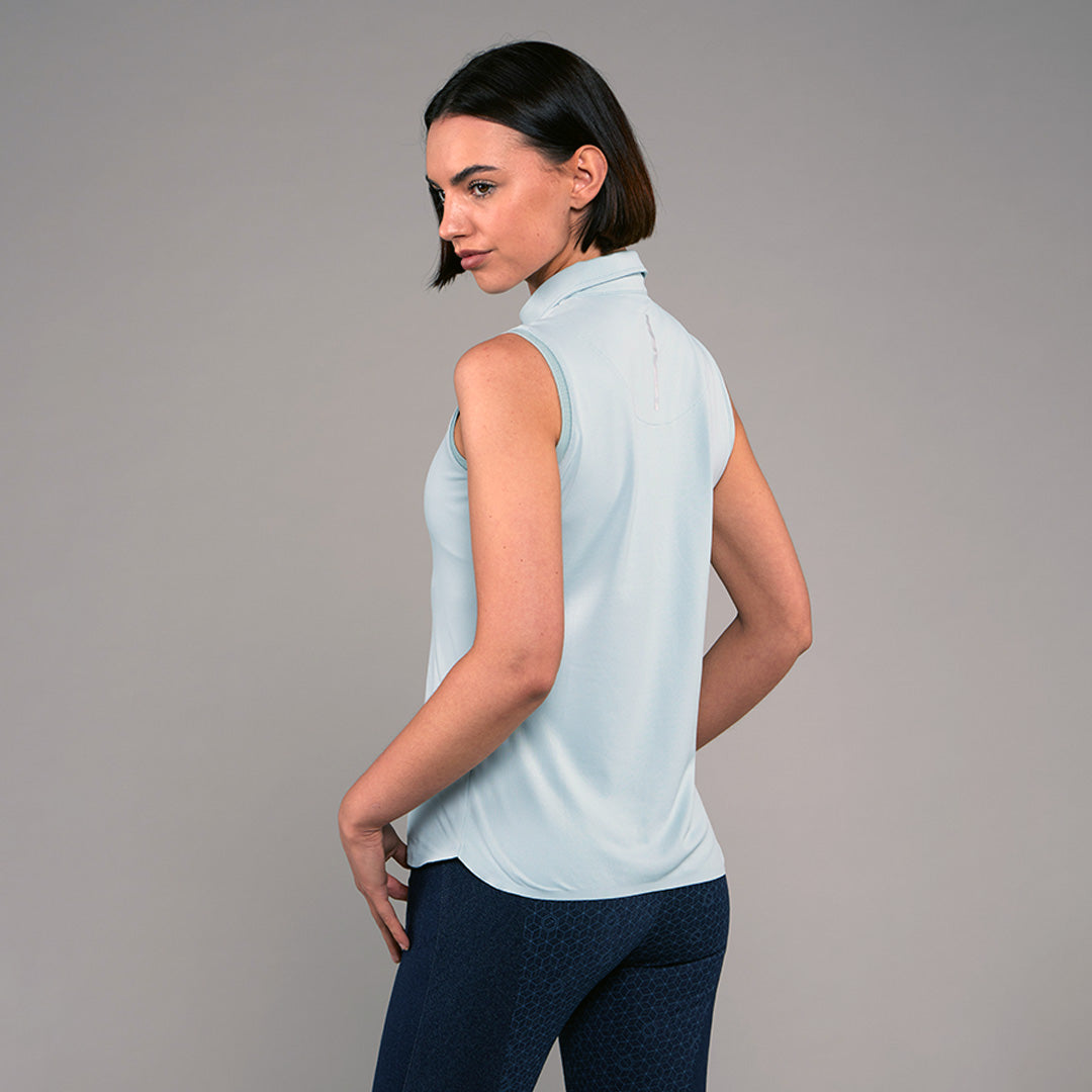 TOGGI Breezy Sleeveless Technical Polo, light blue women's performance top with UPF 50+ protection.
