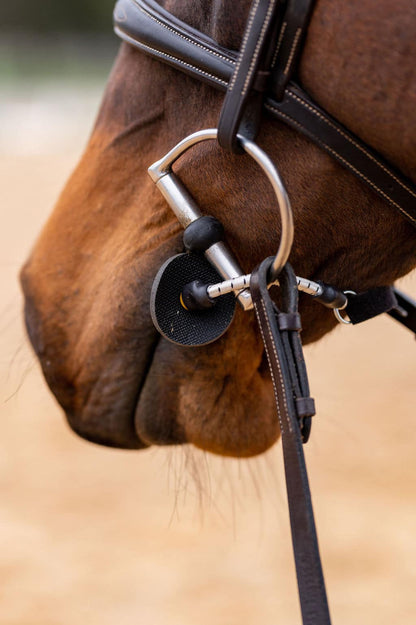 Thinline Busy Buddy Horse Calmer: Close-up of bit on a horse's mouth. Stop fretting, biting, kicking. Equiflair product.