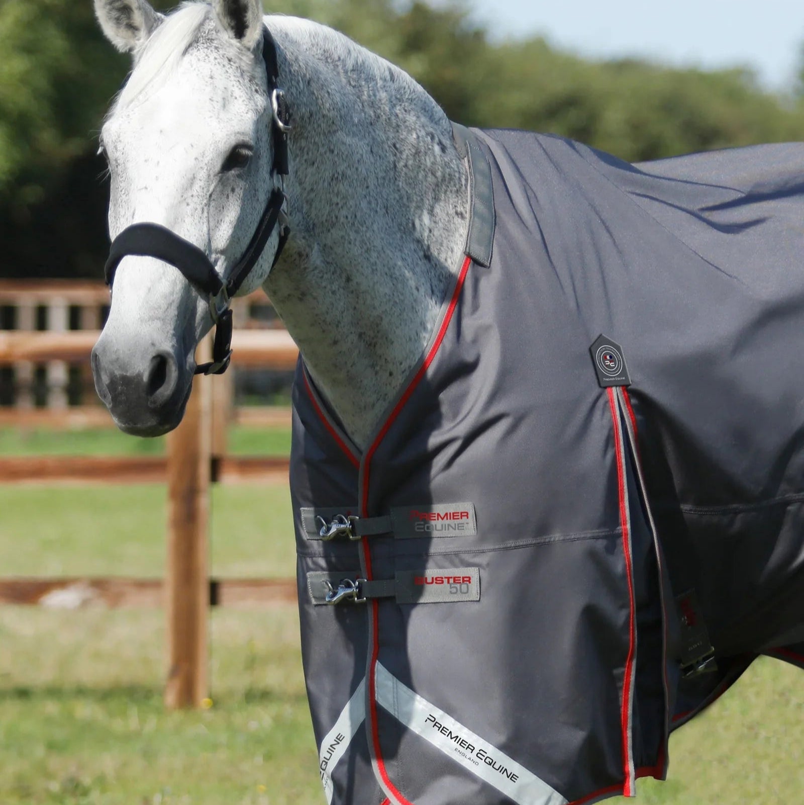 Premier Equine Buster 50g Turnout Rug with Snug-Fit Neck Cover Grey