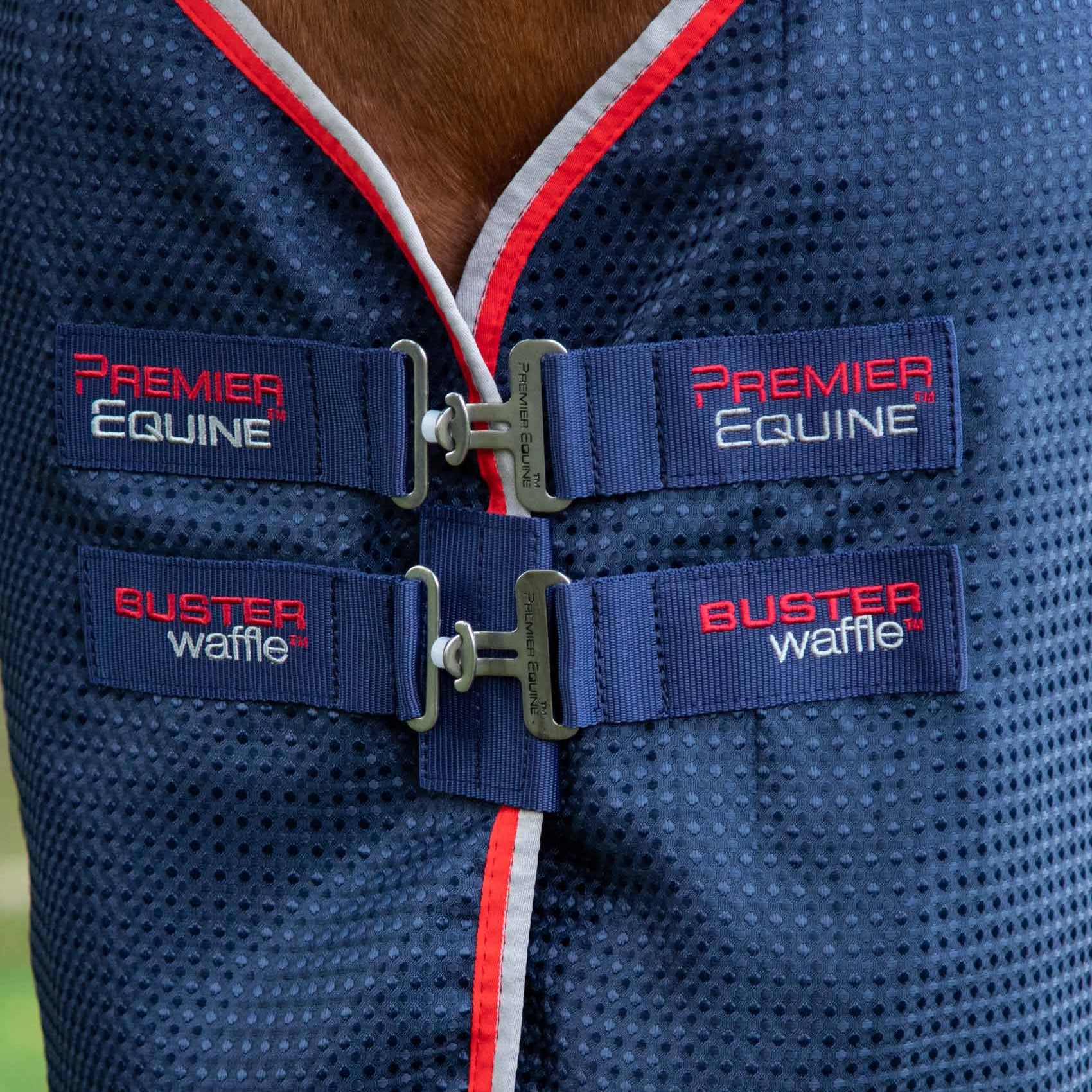 Premier Equine Buster Waffle Horse Cooler Rug Navy: Close-up of chest closures and waffle fabric detail.