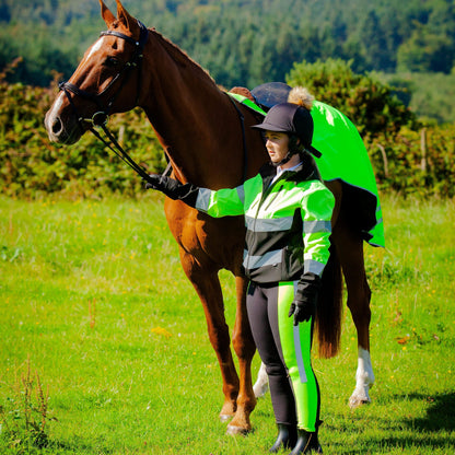 Horse and rider with CAMEO high viz exercise sheet for safety. Reflective yellow wrap around from Equiflair.