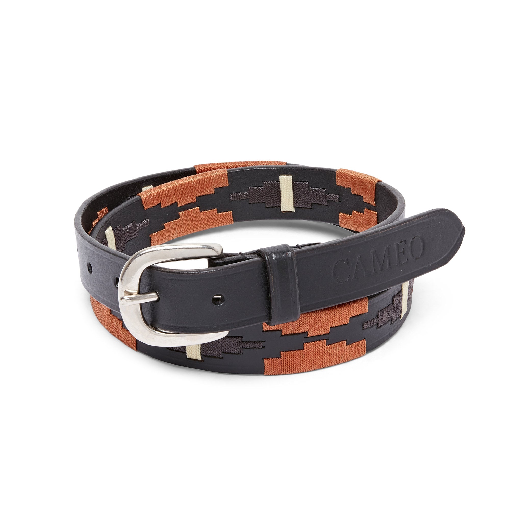 CAMEO Polo Belt: Leather Equestrian Belt, Aztec Embroidered Design, Silver Buckle, Brown and Black | Equiflair