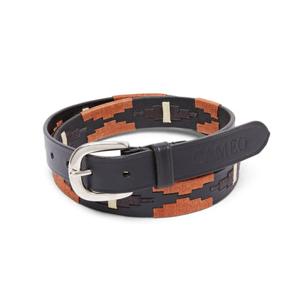 CAMEO Polo Belt: Leather Equestrian Belt, Aztec Embroidered Design, Silver Buckle, Brown and Black | Equiflair
