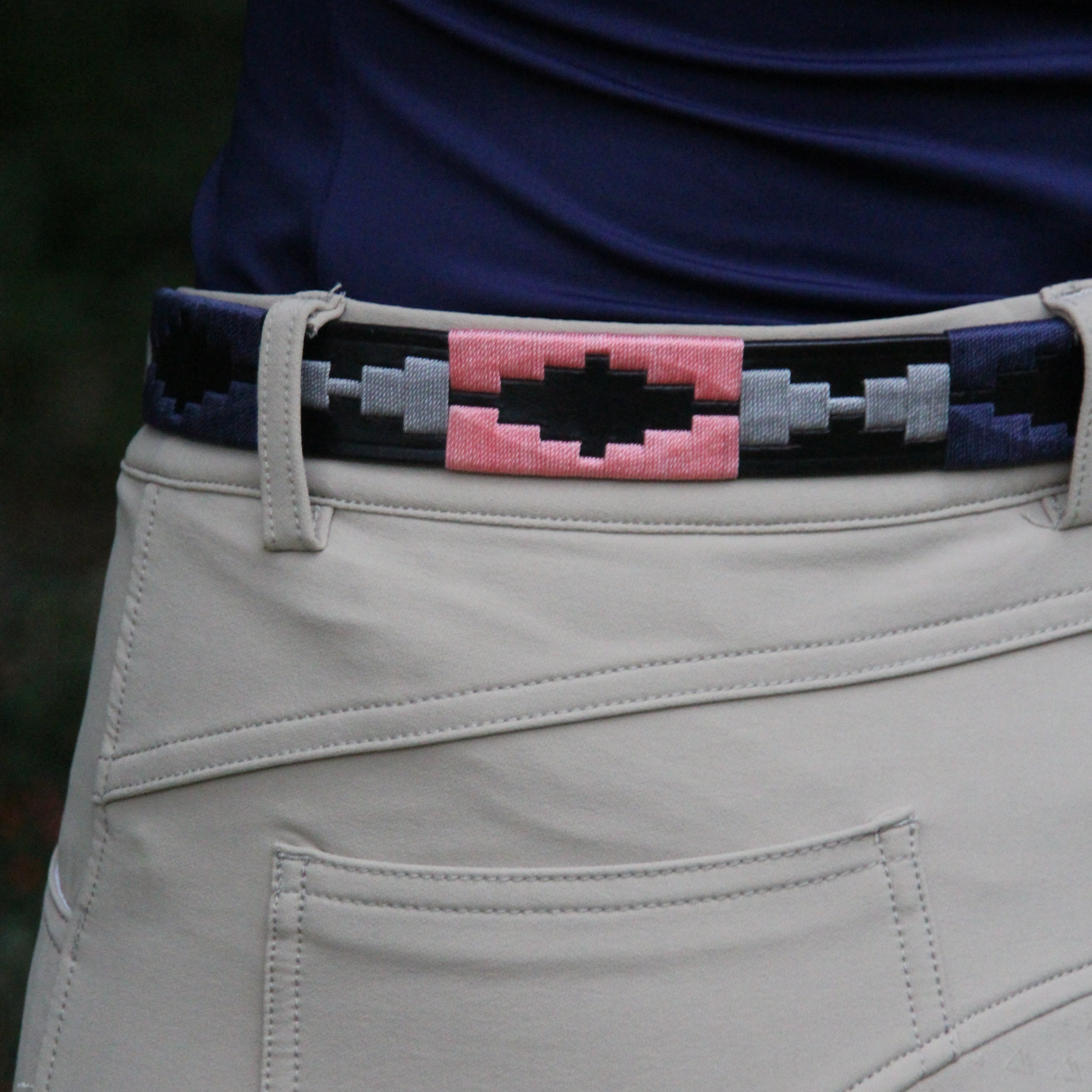 Equiflair CAMEO POLO BELT, leather polo belt with aztec embroidery in pink, grey, and navy.