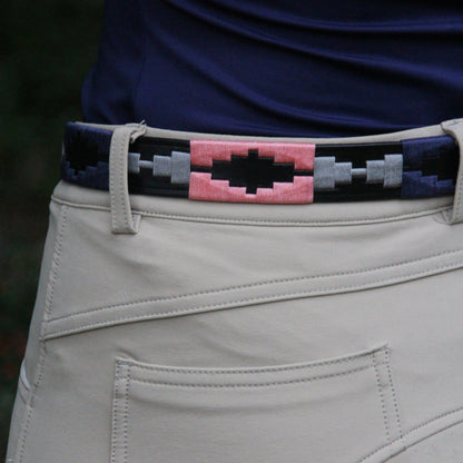 Equiflair CAMEO POLO BELT, leather polo belt with aztec embroidery in pink, grey, and navy.