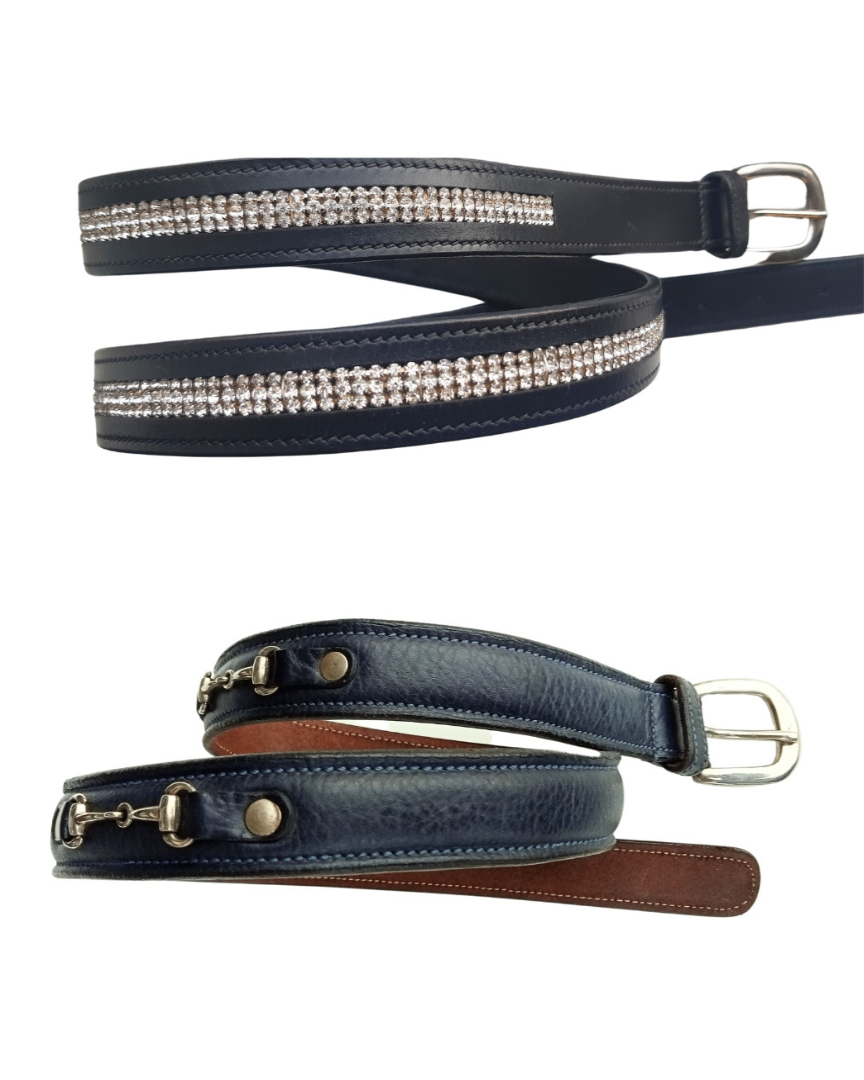 CAMEO LEATHER BELT - Equiflair: Navy leather belt with diamante detail & snaffle bit. Stylish equestrian fashion accessory.