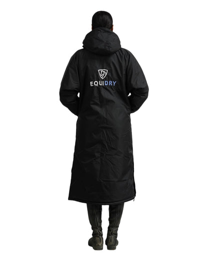 EQUIDRY women's long waterproof horse riding coat in black/lilac back of coat full length 