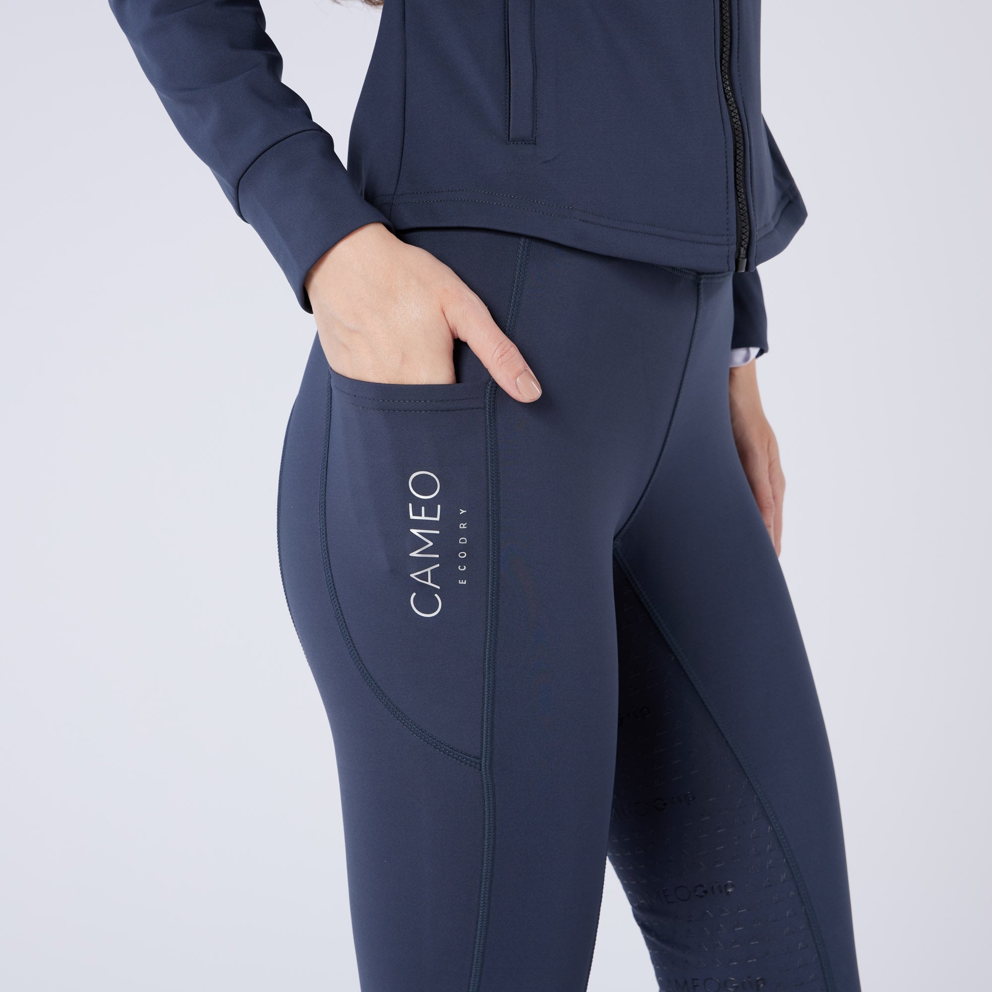 Cameo Thermodry Navy Riding Tights: Ecodry, Water Repellent, Full Silicone Seat. Equestrian Winter Wear.