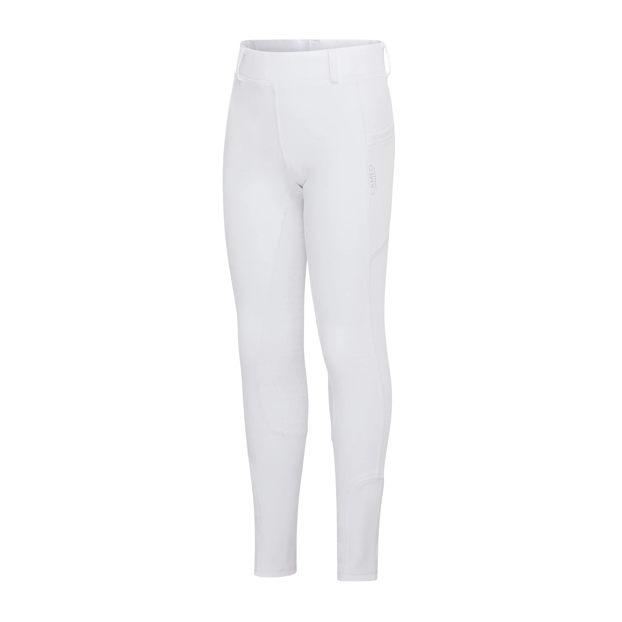 CAMEO Junior Thermodry White Riding Tights: Equestrian Apparel with Full Silicone Seat and Ecodry Coating. Shop now!
