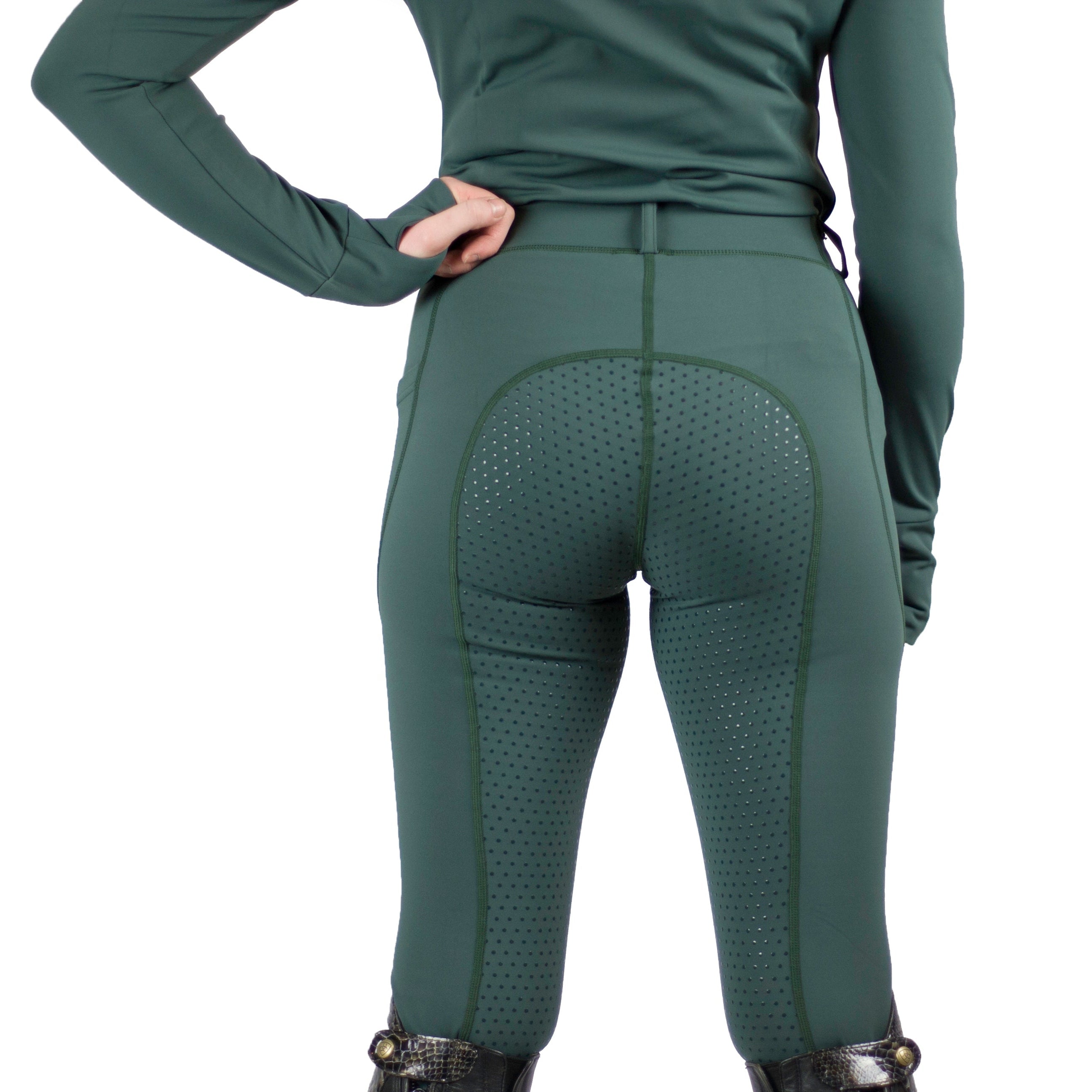 Equiflair Cameo Thermo Tights: Hunter Green Winter Equestrian Riding Tights, Insulated, Dotted Pattern. Perfect for cold weather riding!