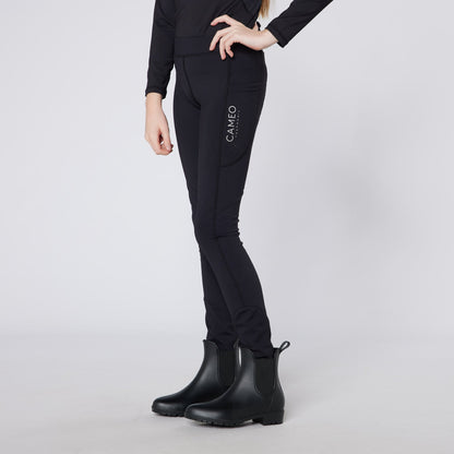 CAMEO Junior Performance Riding Tights & Boots. Equestrian Apparel for Kids. Black leggings with logo and black boots.