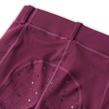 Equiflair CAMEO Junior Performance Riding Tights - Burgundy with Star Grip. Equestrian girls leggings, comfortable and flexible.