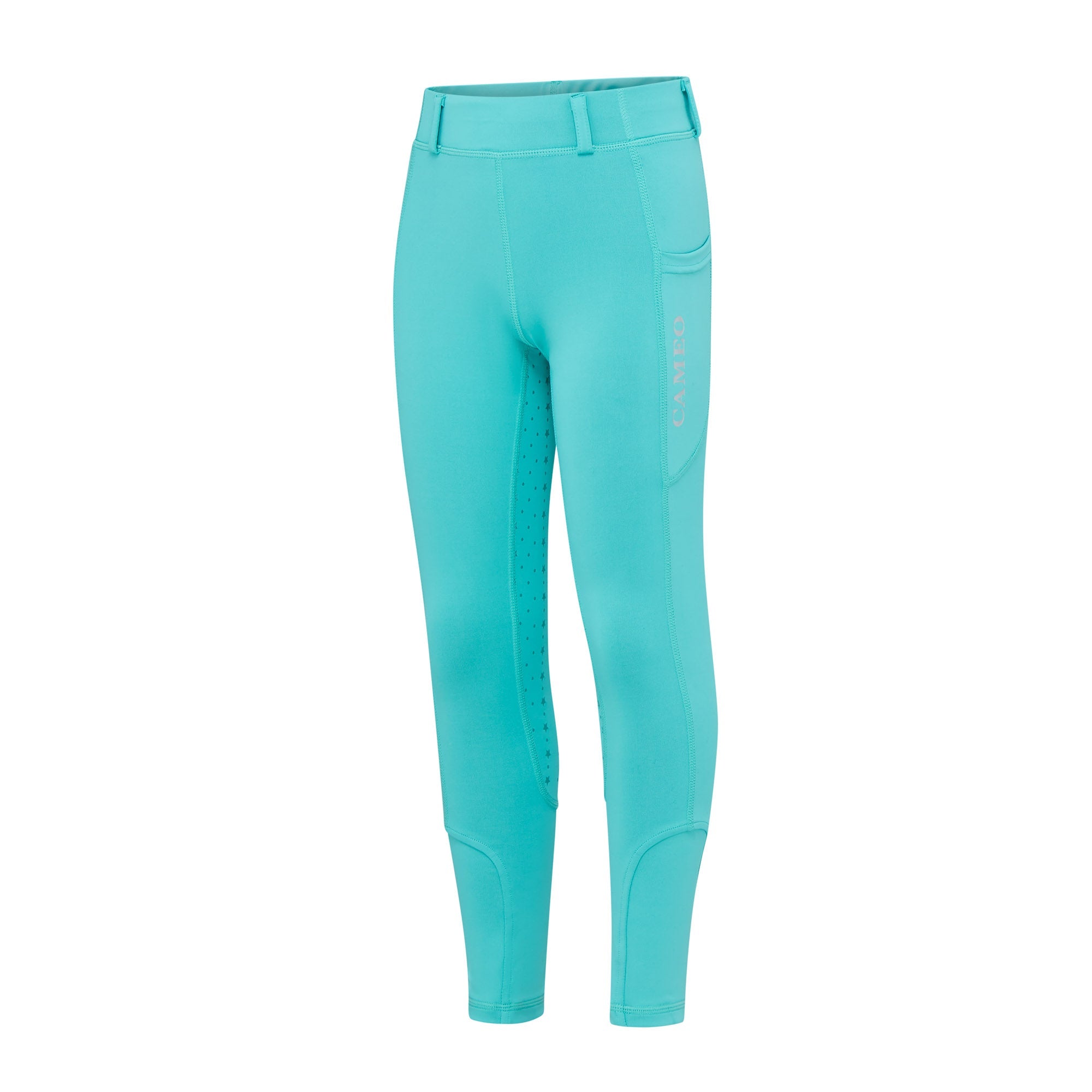Cameo Junior Aqua Riding Tights: Performance equestrian leggings with grip & phone pocket. Stylish & comfortable for young riders