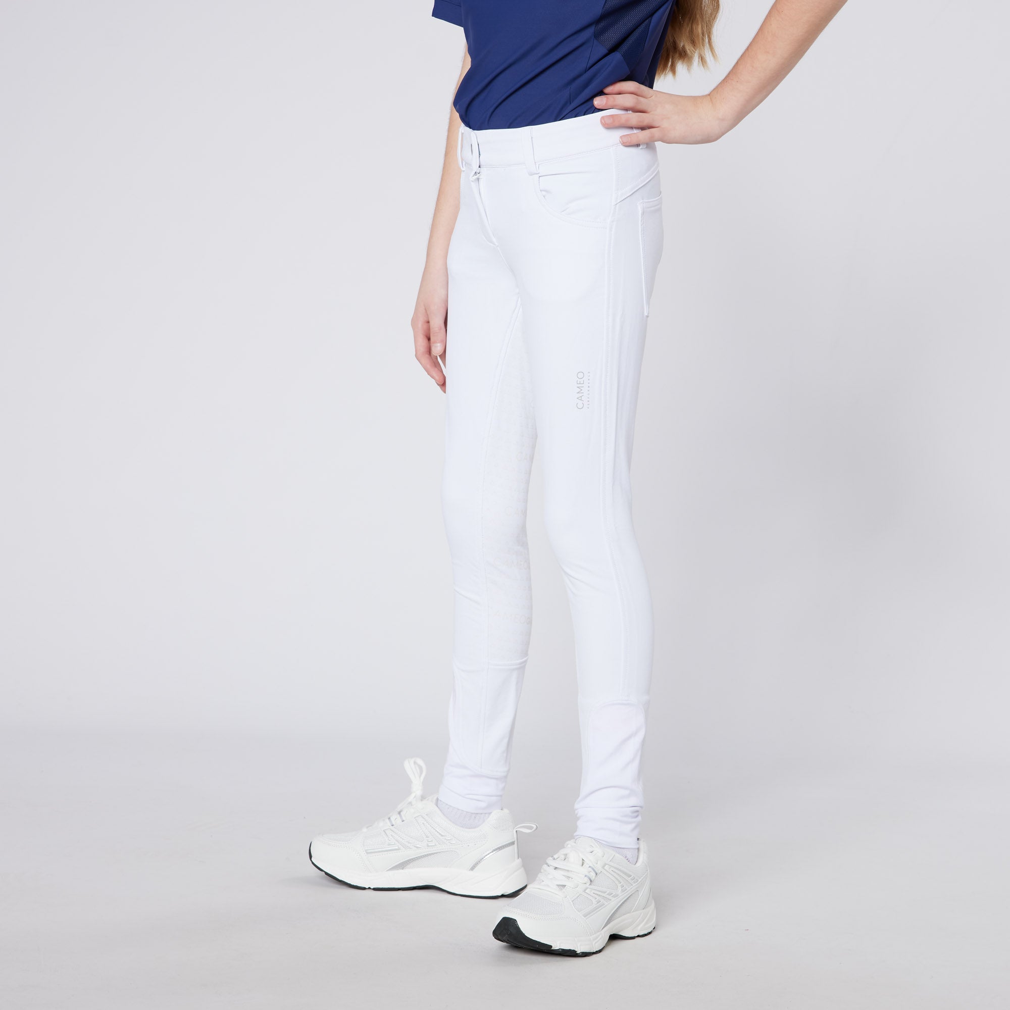 CAMEO Junior Performance Riding Tights in White: Comfortable & Flexible Equestrian Apparel for Young Riders.