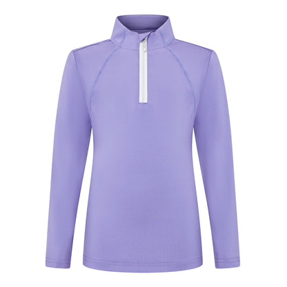Junior Long Sleeve Purple Baselayer with Zip Neck. Moisture-wicking, Stretch Equestrian Shirt for Girls.