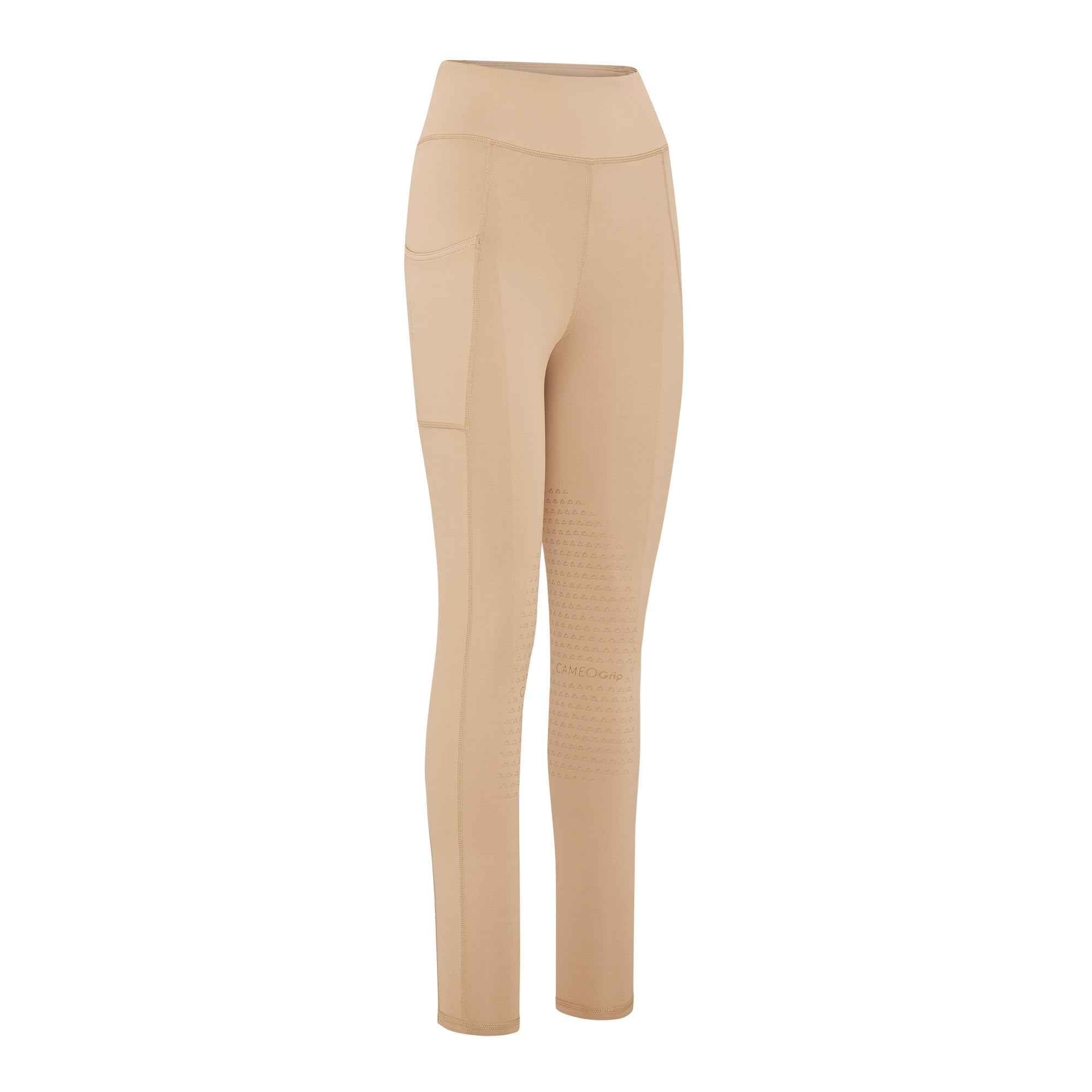 CAMEO Beige Riding Tights: Women's Equestrian Leggings, High-Waisted, Phone Pocket, CameoGrip Knee Silicone. C415 - Equiflair