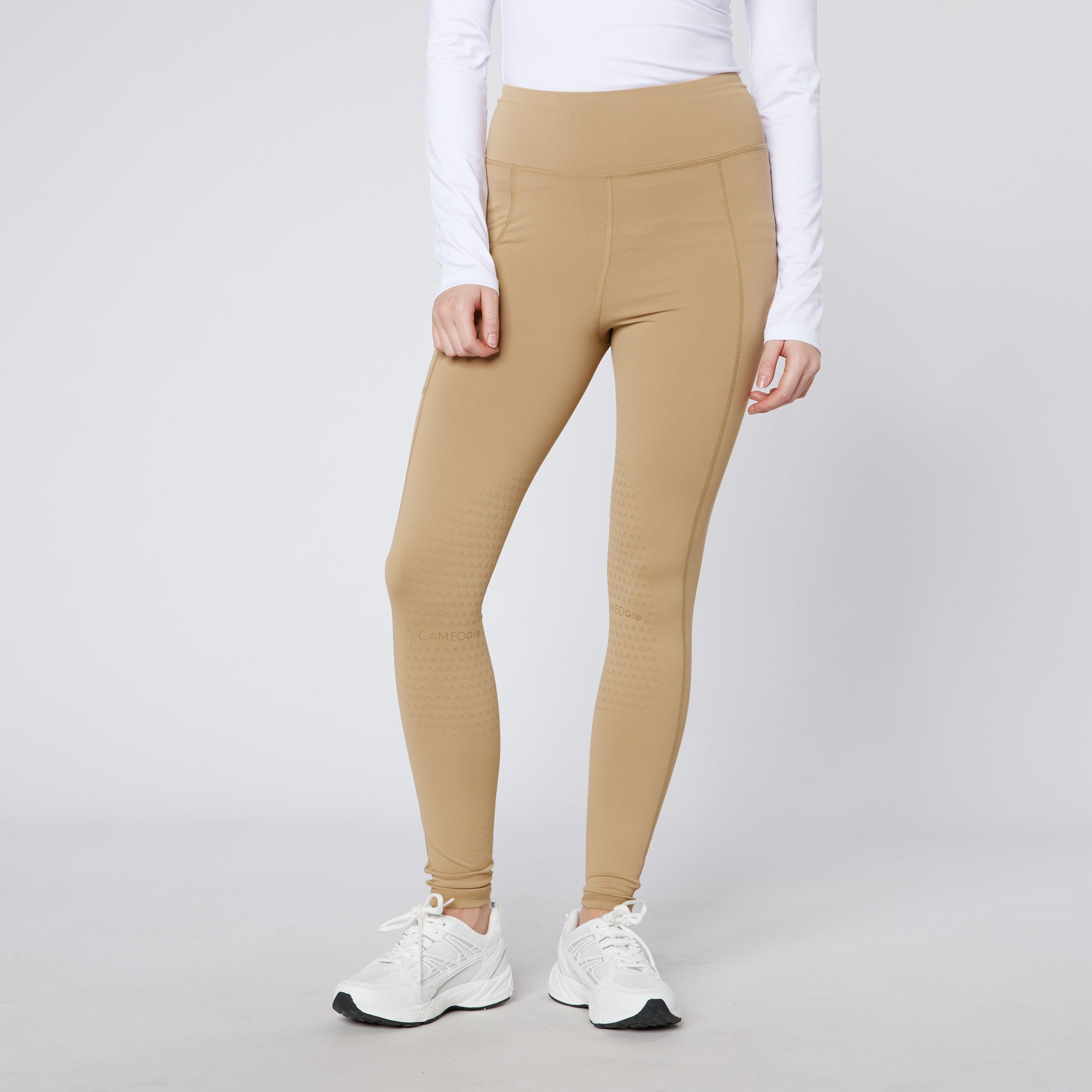 Cameo Core Collection Tights: Beige riding leggings with CameoGrip knee silicone and phone pocket.
