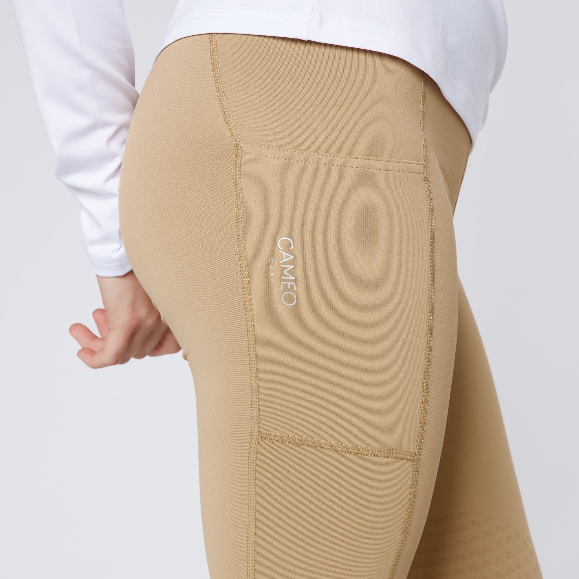 Cameo Core Beige Riding Tights: Equestrian Apparel with Phone Pocket, Ladies Horse Riding Tights