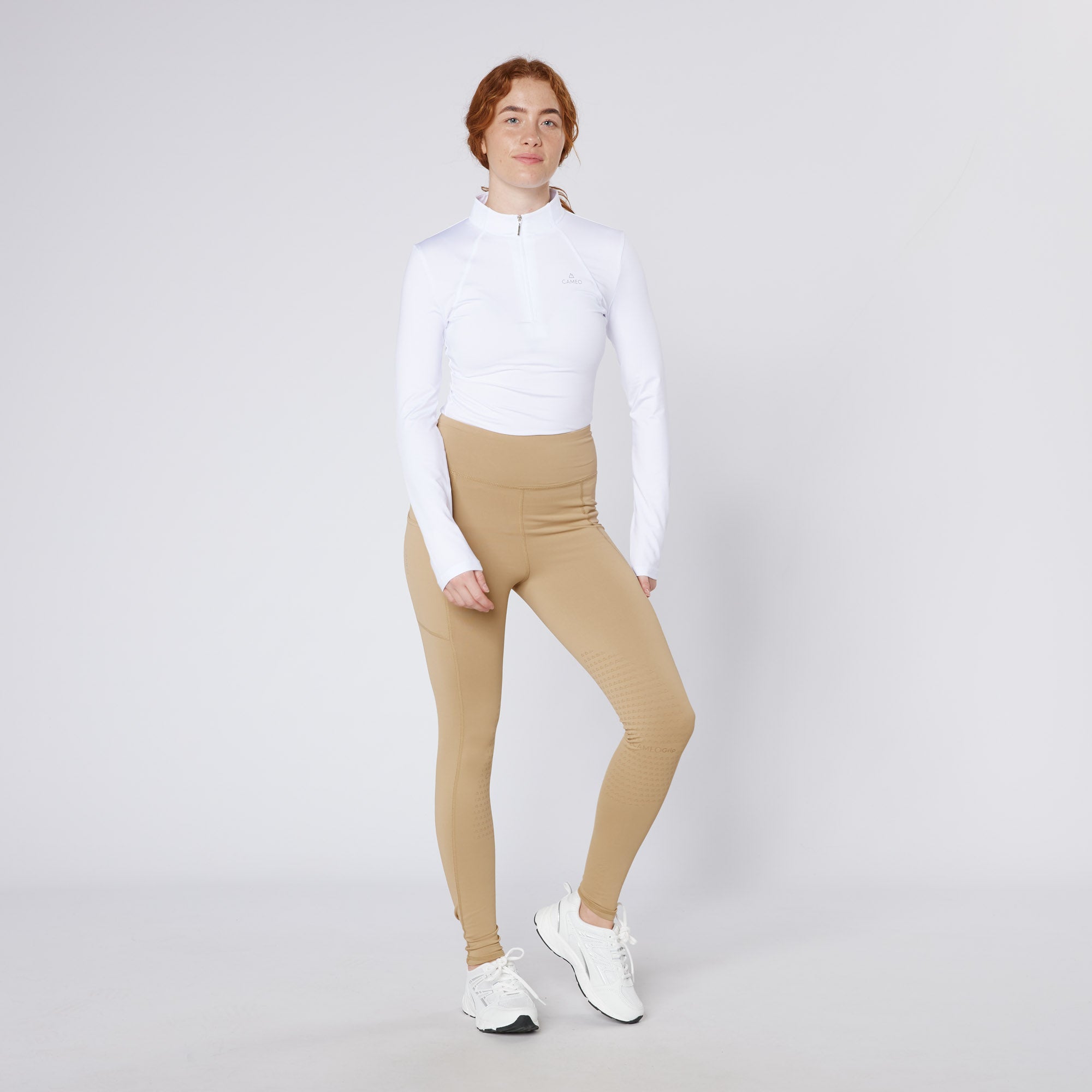 Cameo Core Collection Beige Riding Tights - Women's Equestrian Apparel with Phone Pocket & Silicone Grip