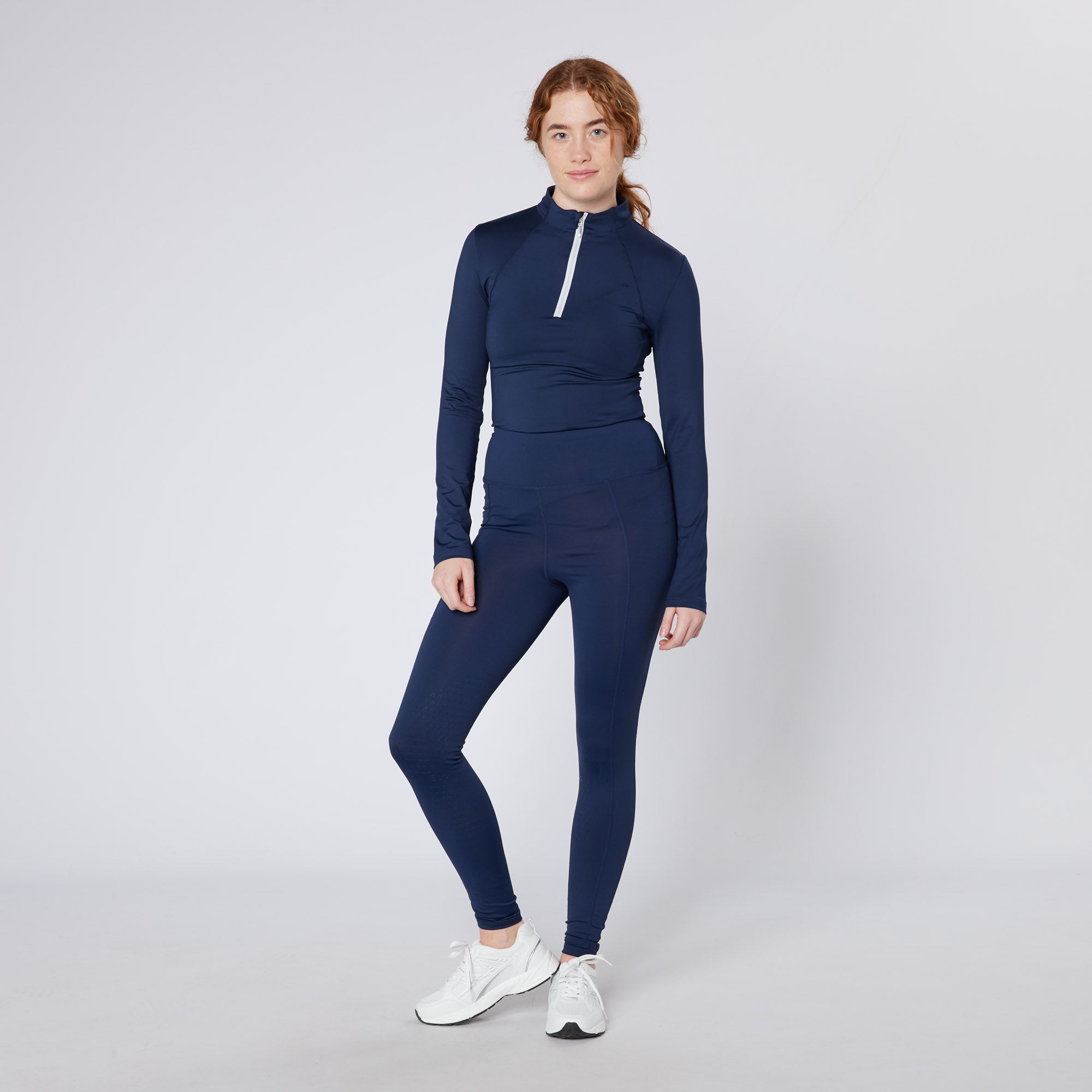 Cameo Core Navy Riding Tights: Women's Equestrian Leggings with CameoGrip Knee, technical fabric, great for stable and in the saddle