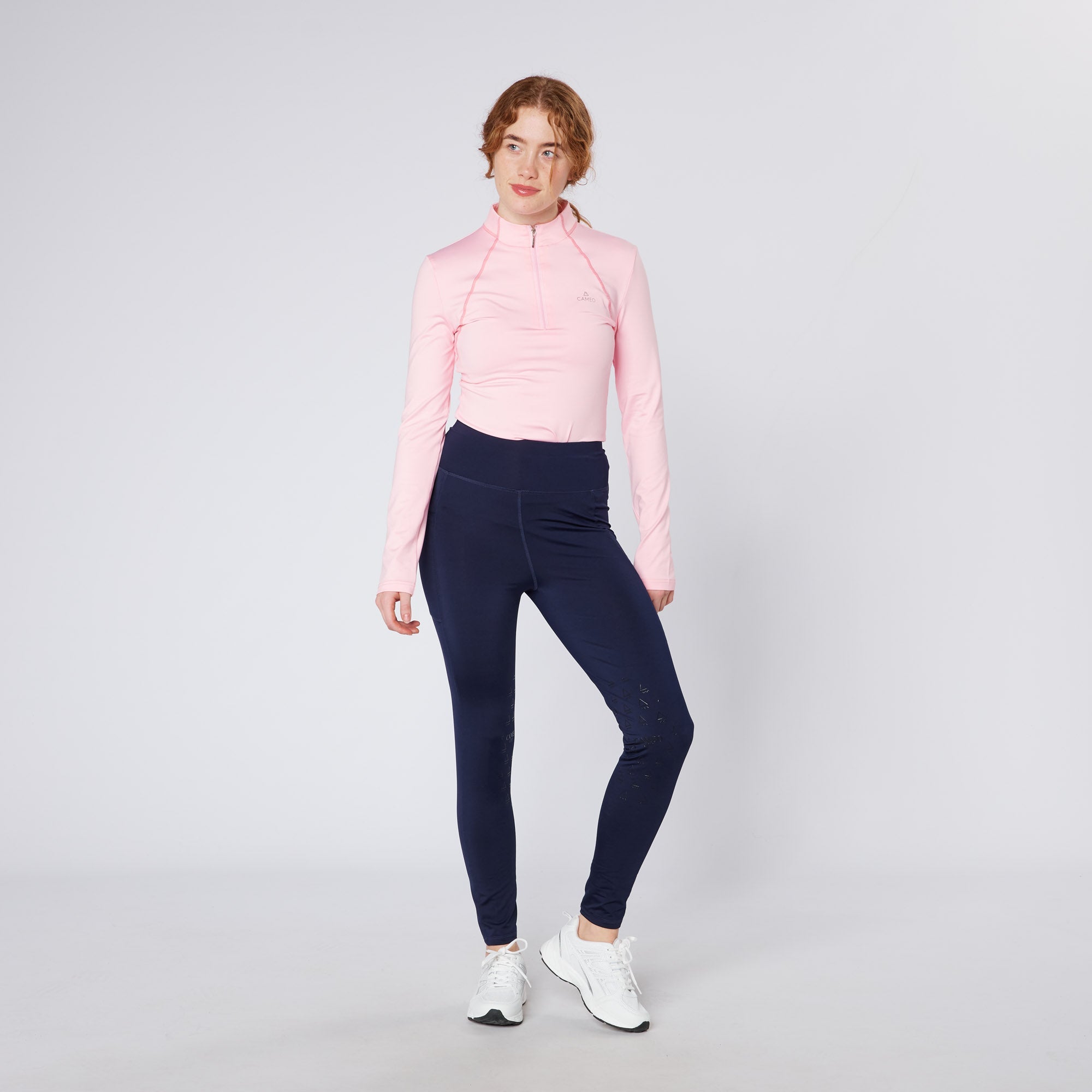 CAMEO Pale Pink Equestrian Baselayer with navy leggings. Stylish ladies riding base layer, comfortable riding apparel