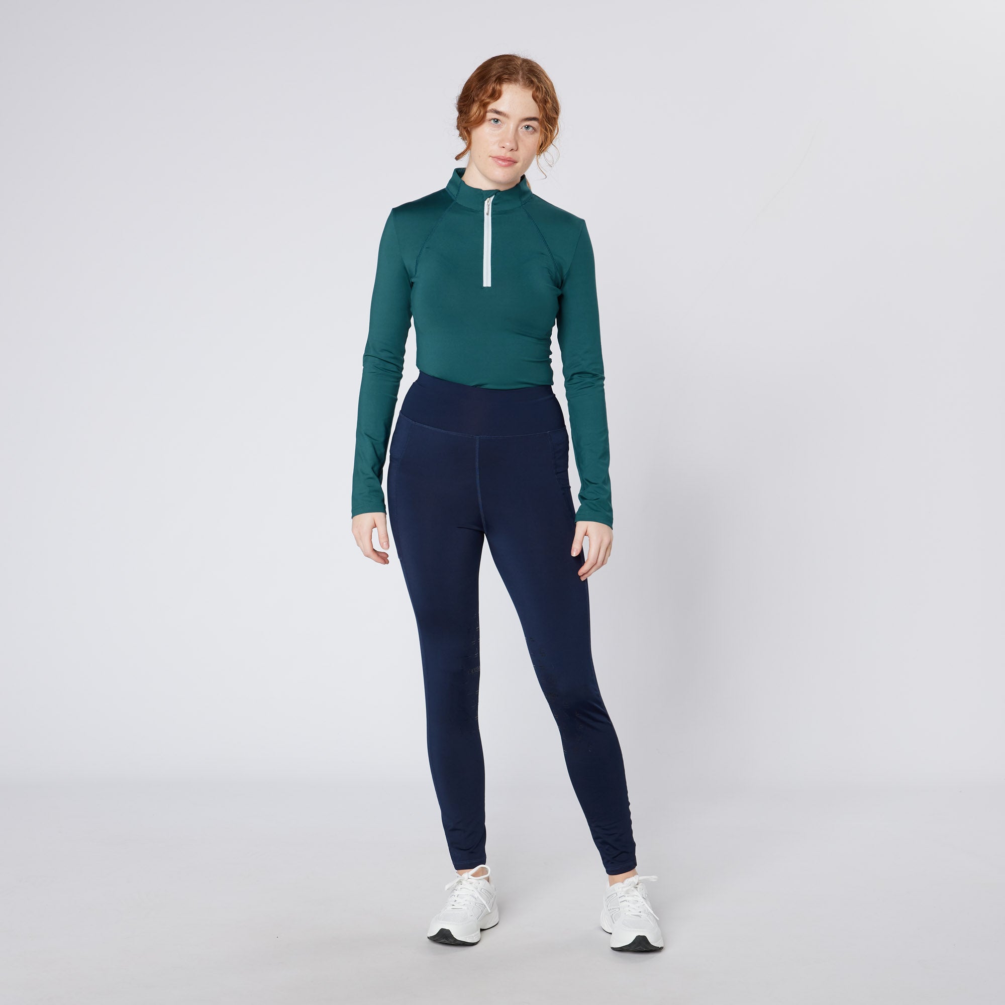 Equestrian Riding Baselayer: Teal Long Sleeve Top & Navy Leggings. Stylish ladies riding gear. Equiflair store.