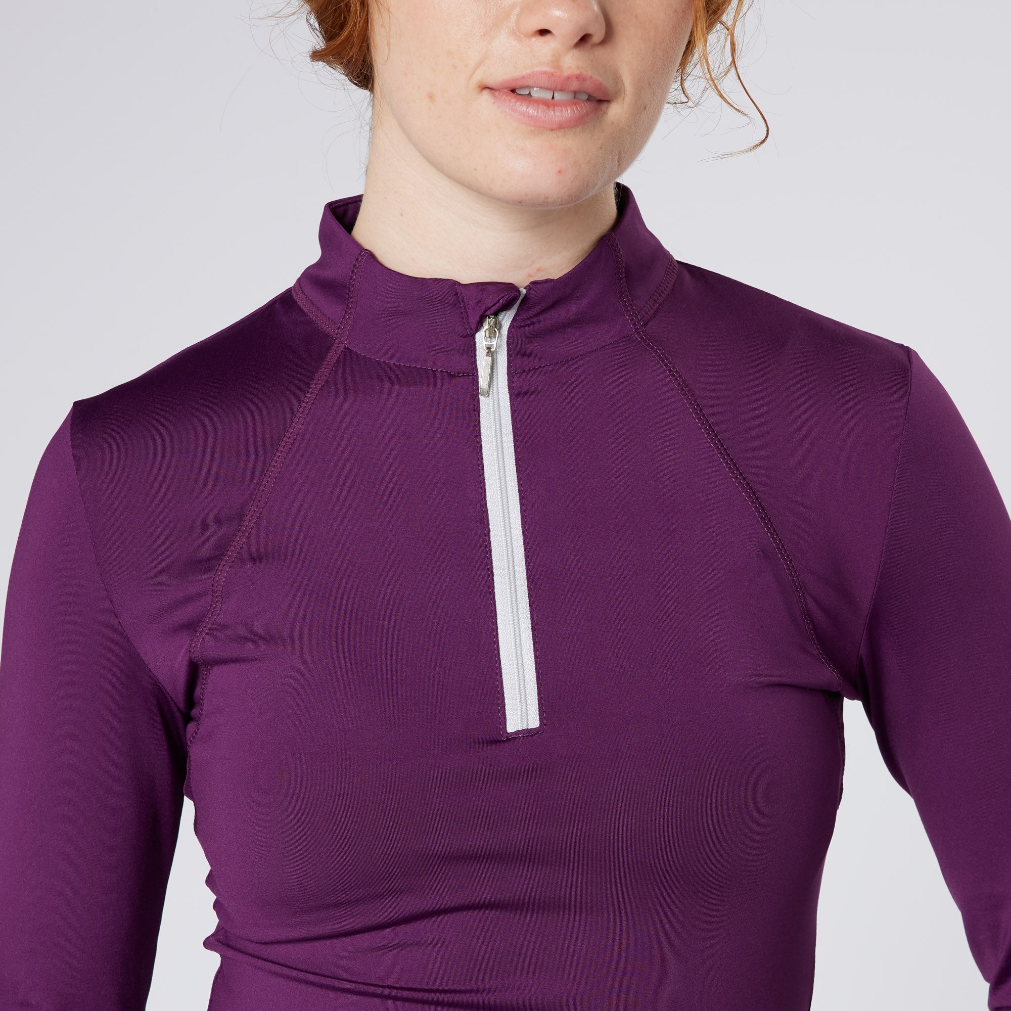 CAMEO BASELAYER AUBERGINE: Women's Equestrian Riding Baselayer in Purple with Quarter Zip, CAMEO Tech Stretch Fabric, Equiflair