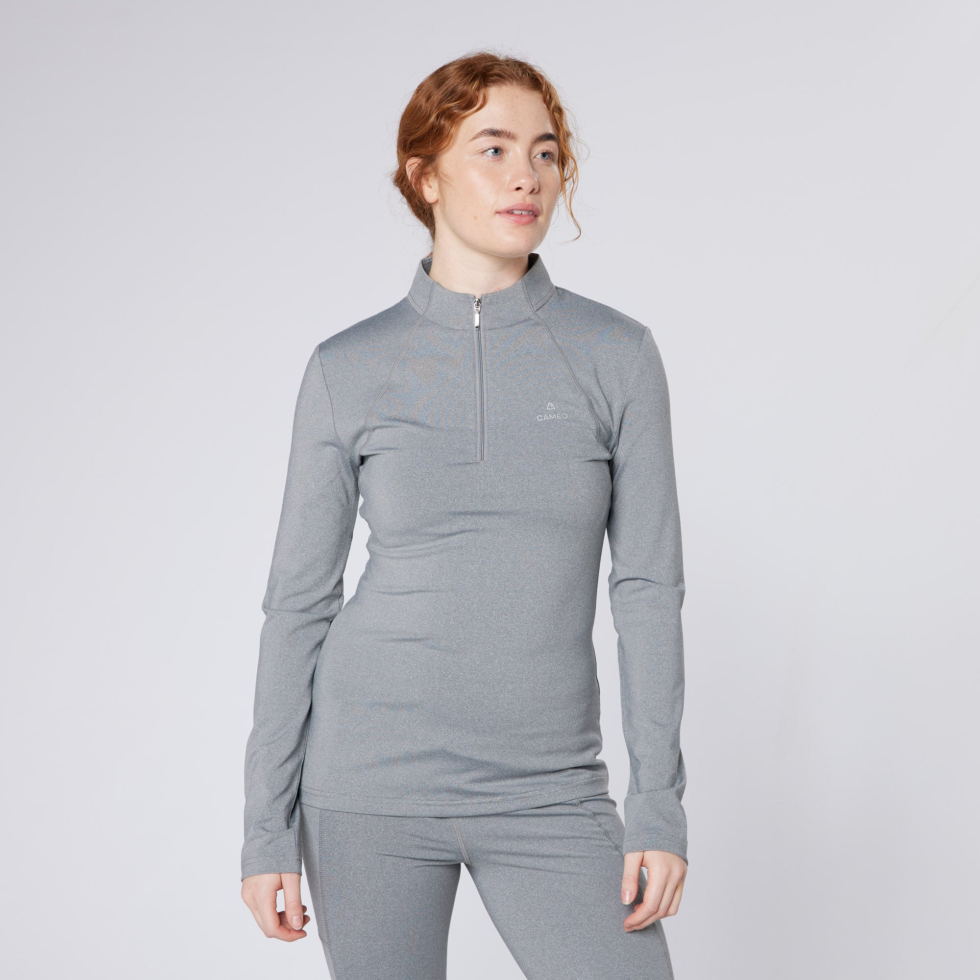 CAMEO BASELAYER MARL: Grey Ladies' Equestrian Riding Baselayer Top with 1/4 Zip, 4-Way Stretch - C416
