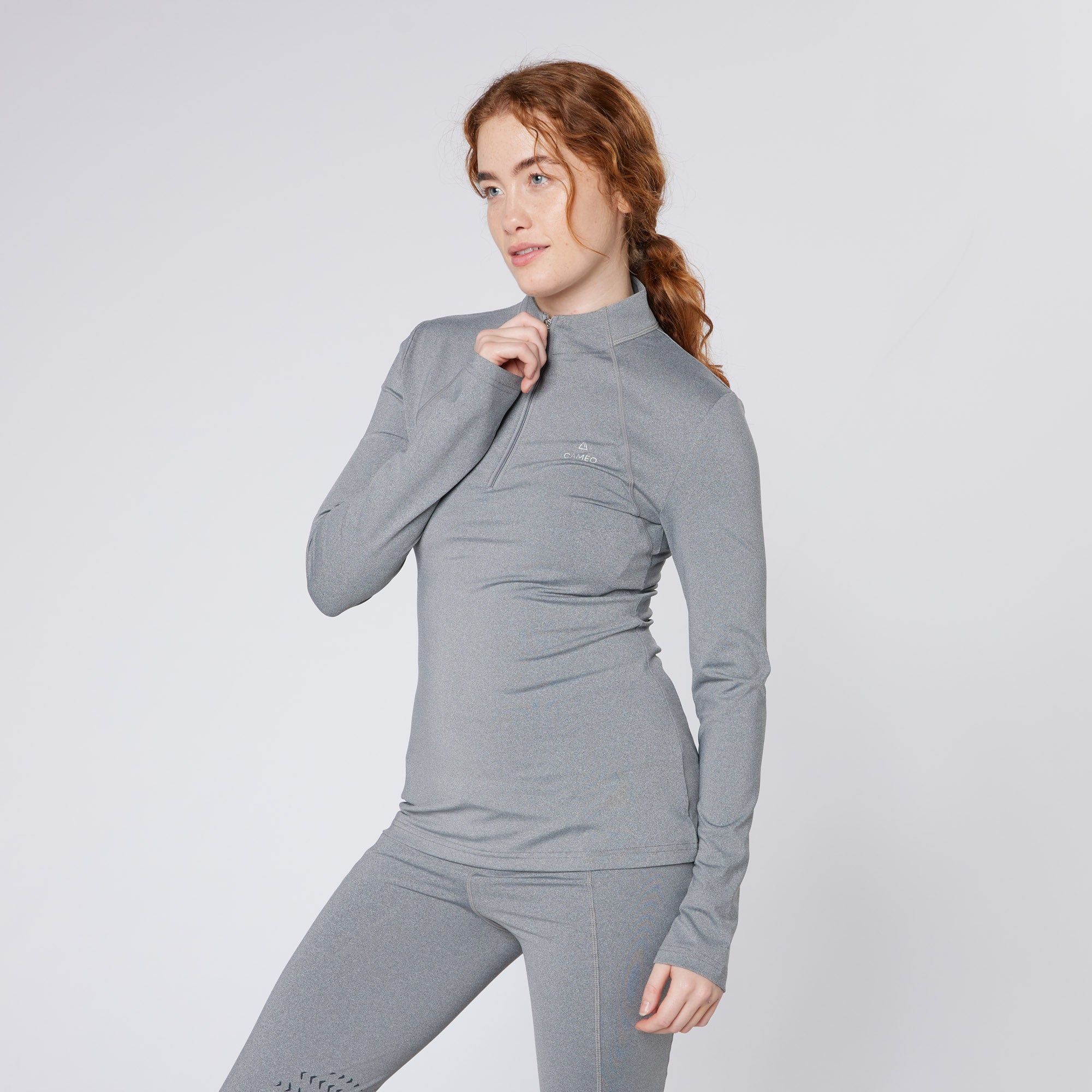CAMEO Equestrian Baselayer Marl - Ladies Grey Riding Top, Long Sleeve Tech Fabric, ¼ Zip Equestrian Apparel