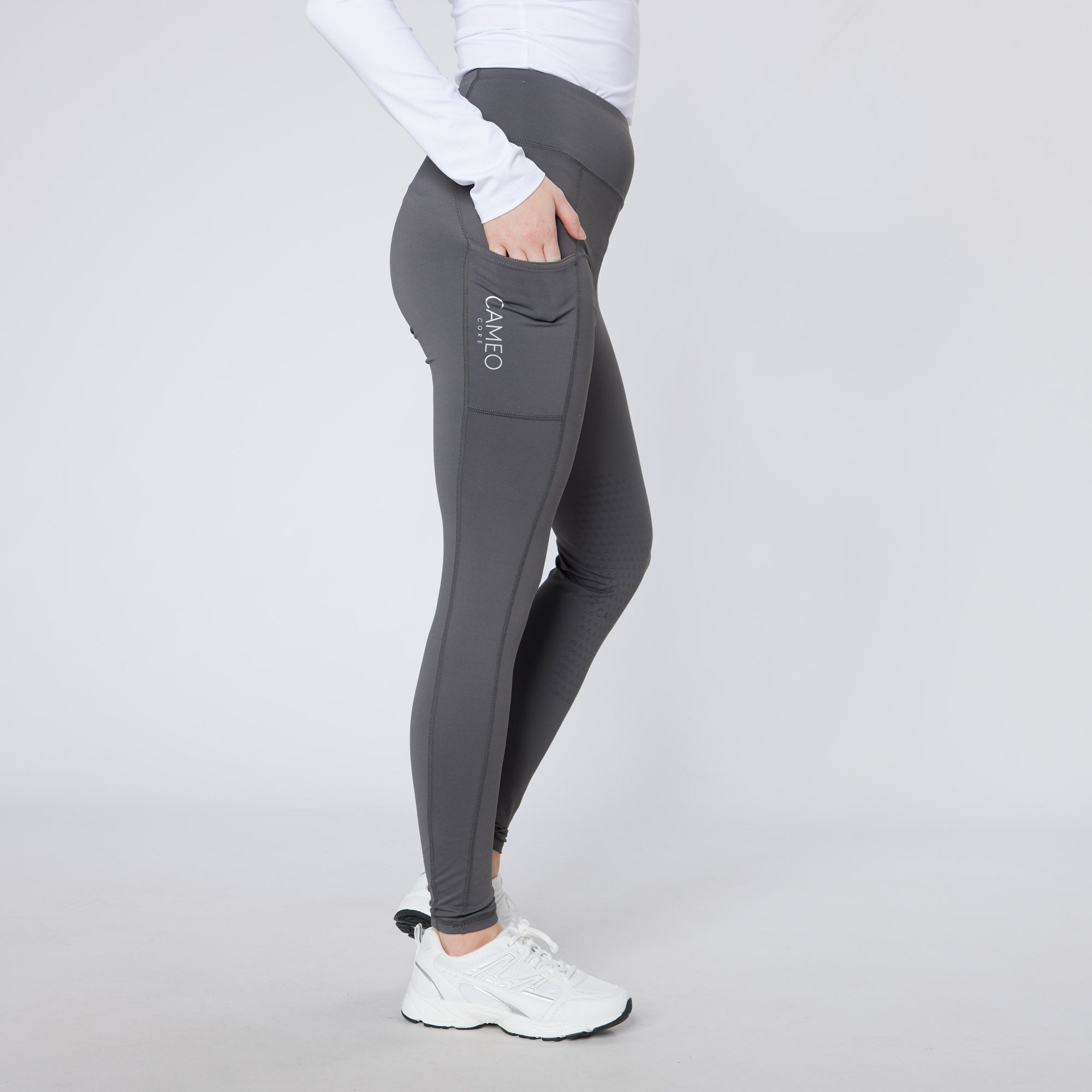 Cameo Core Collection Riding Tights - Dark Grey Equestrian Leggings with Phone Pocket & Knee Grip - Buy at Equiflair