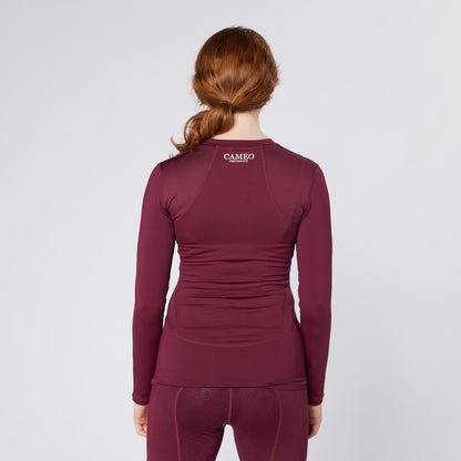 Equestrian Performance Baselayer Plum: Cameo Tech Riding Top, Long Sleeve. Comfortable base layer for horse riding and competition.