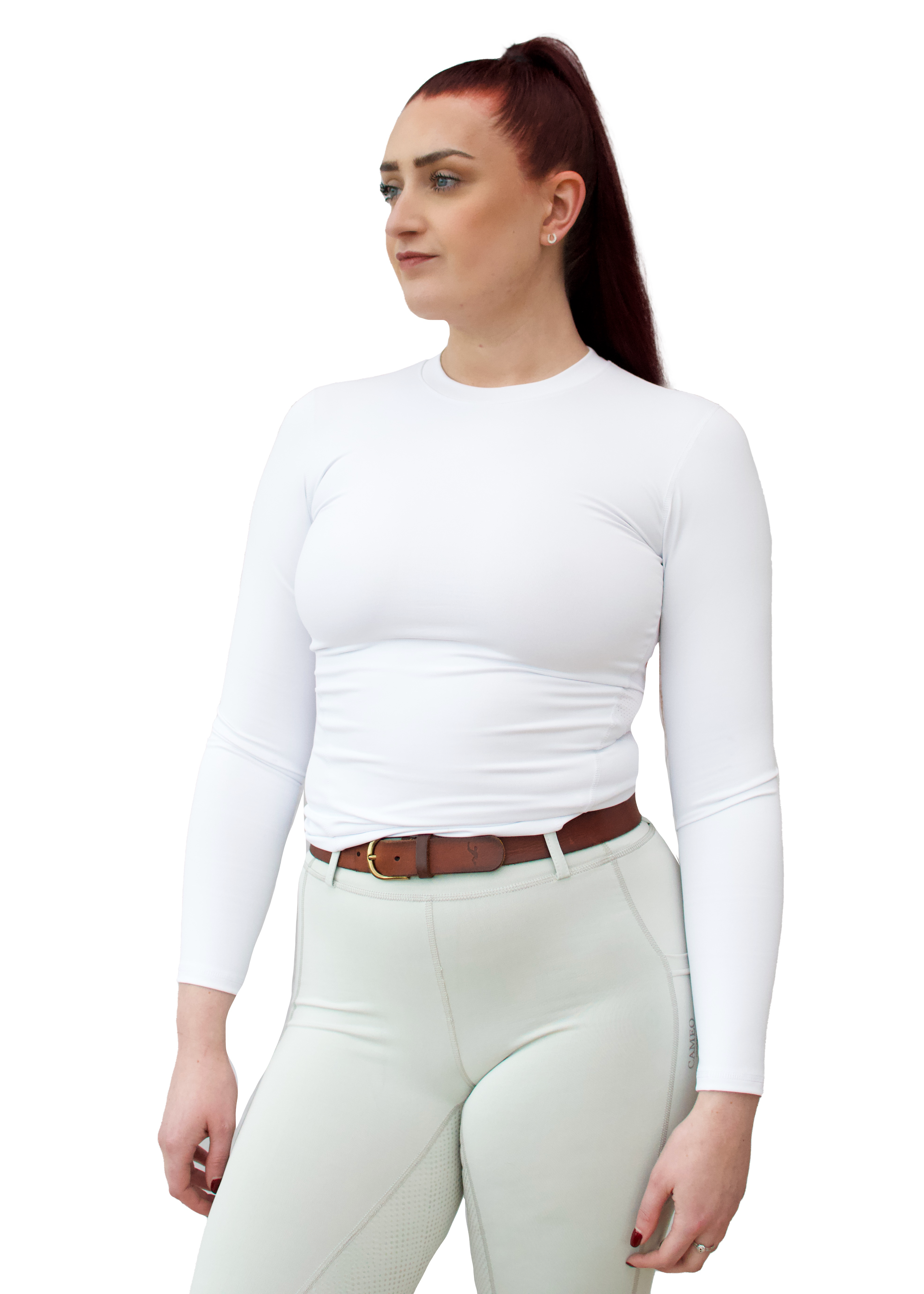 Equestrian Woman in White Cameo Performance Baselayer: Long Sleeve Riding Top for Comfort & Style
