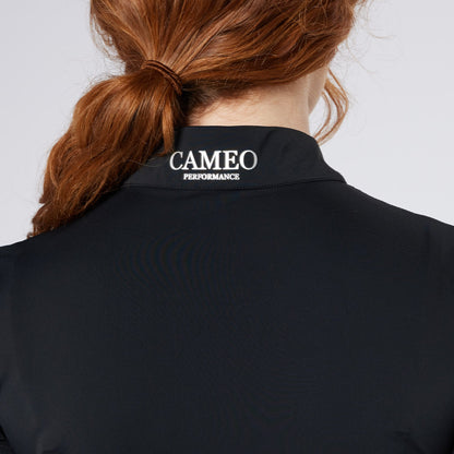CAMEO PERFORMANCE COMPETITION SHIRT BLACK | Equiflair equestrian riding apparel shirt for women, view from back with red hair