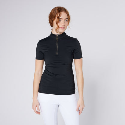 Equiflair CAMEO black competition shirt. Short sleeve equestrian riding apparel with zip neck. Breathable performance for riders.