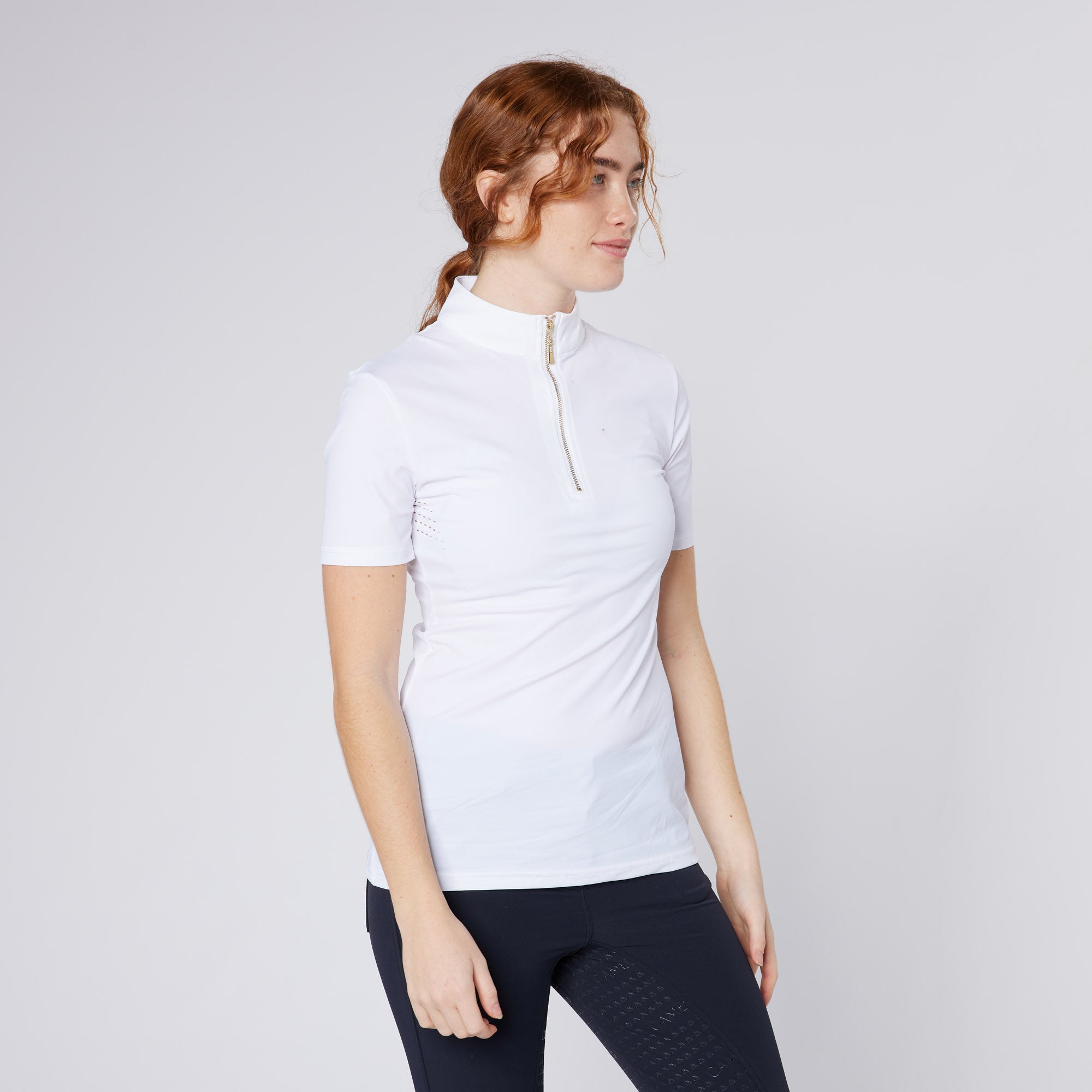 Equiflair CAMEO PERFORMANCE COMPETITION WHITE riding shirt. White short sleeve equestrian apparel for competition.