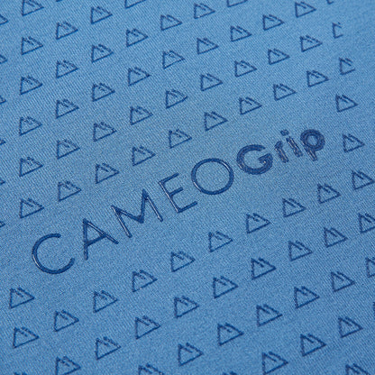 CAMEOgrip Blue Fabric: Close-up of Patterned Material with Mountain Detail and the CAMEOgrip Logo.