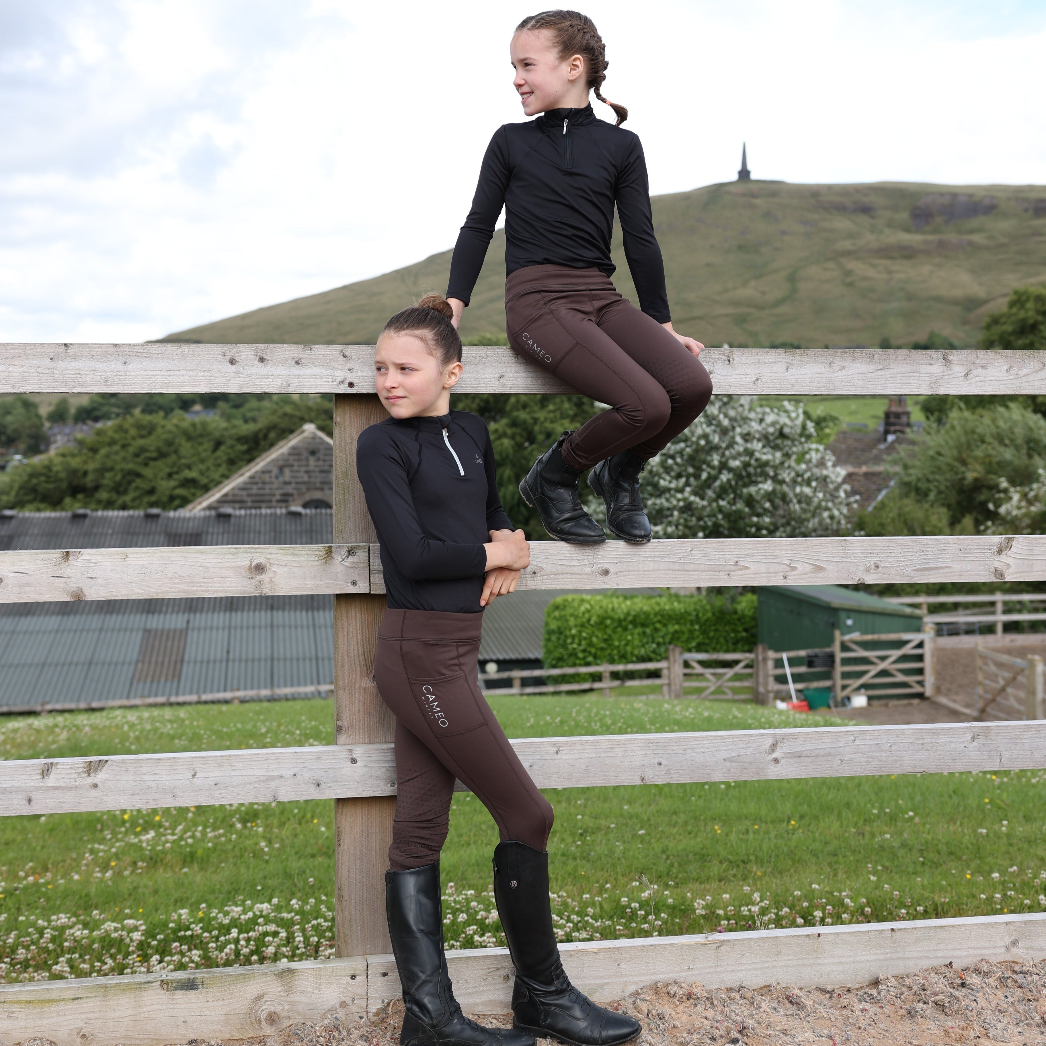 Cameo Junior Winter Riding Tights Brown: Equestrian Apparel for Kids. Stylish girls in riding gear by Equiflair.