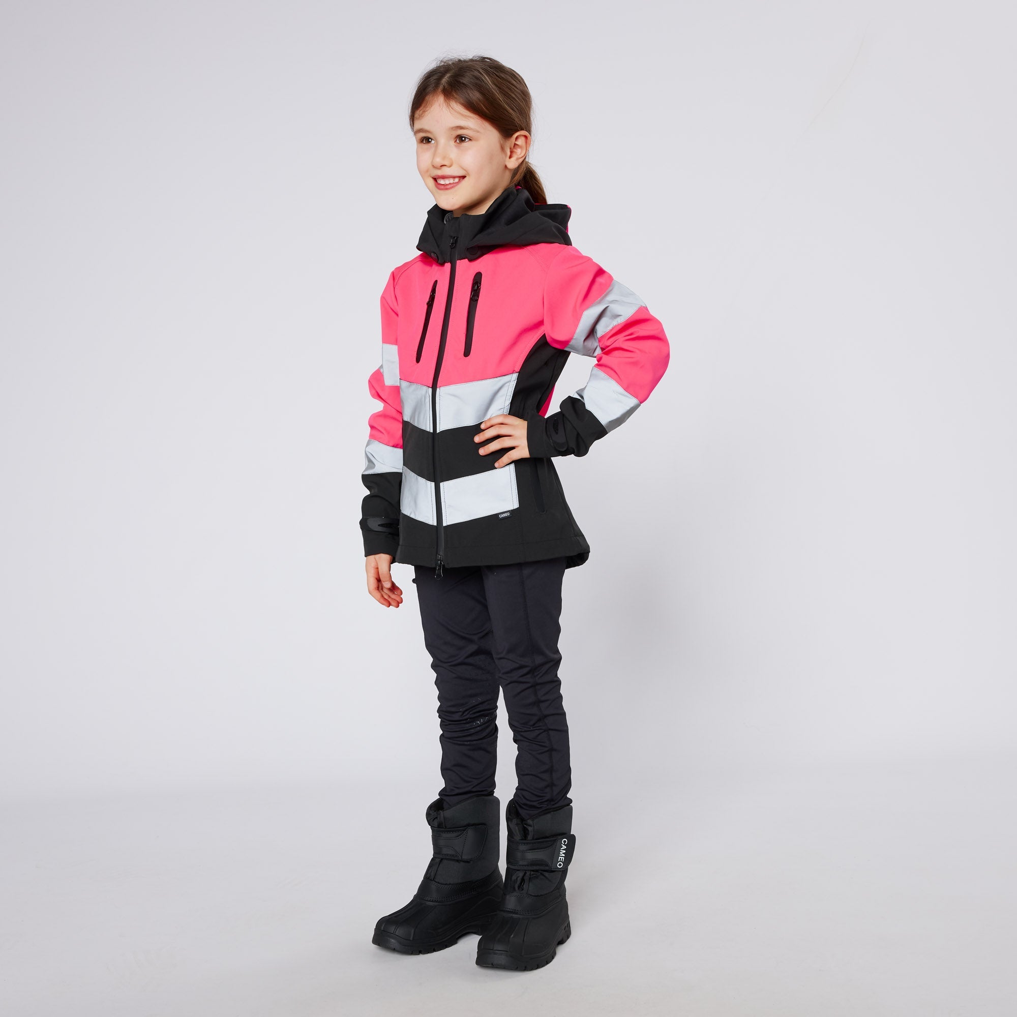 CAMEO Junior Hi Viz Jacket in Pink, Grey & Black - Equiflair Youth Riding Gear. Safe & Stylish Outdoor Coat for Kids