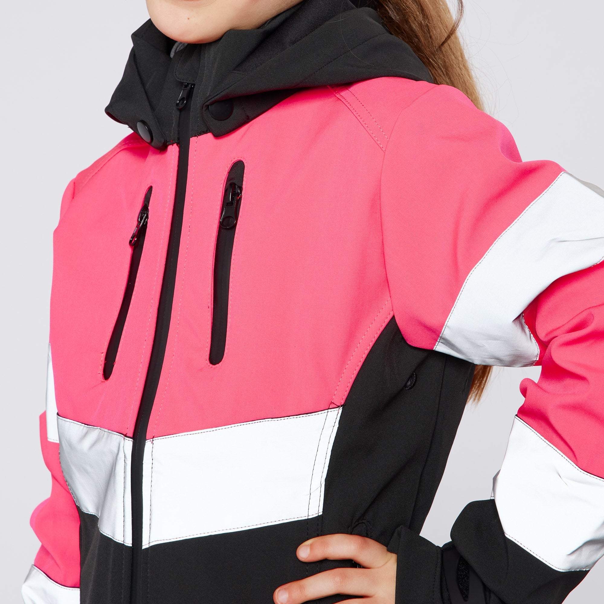 High-Viz Pink Black & White Junior Riding Jacket for Safety | Equiflair
