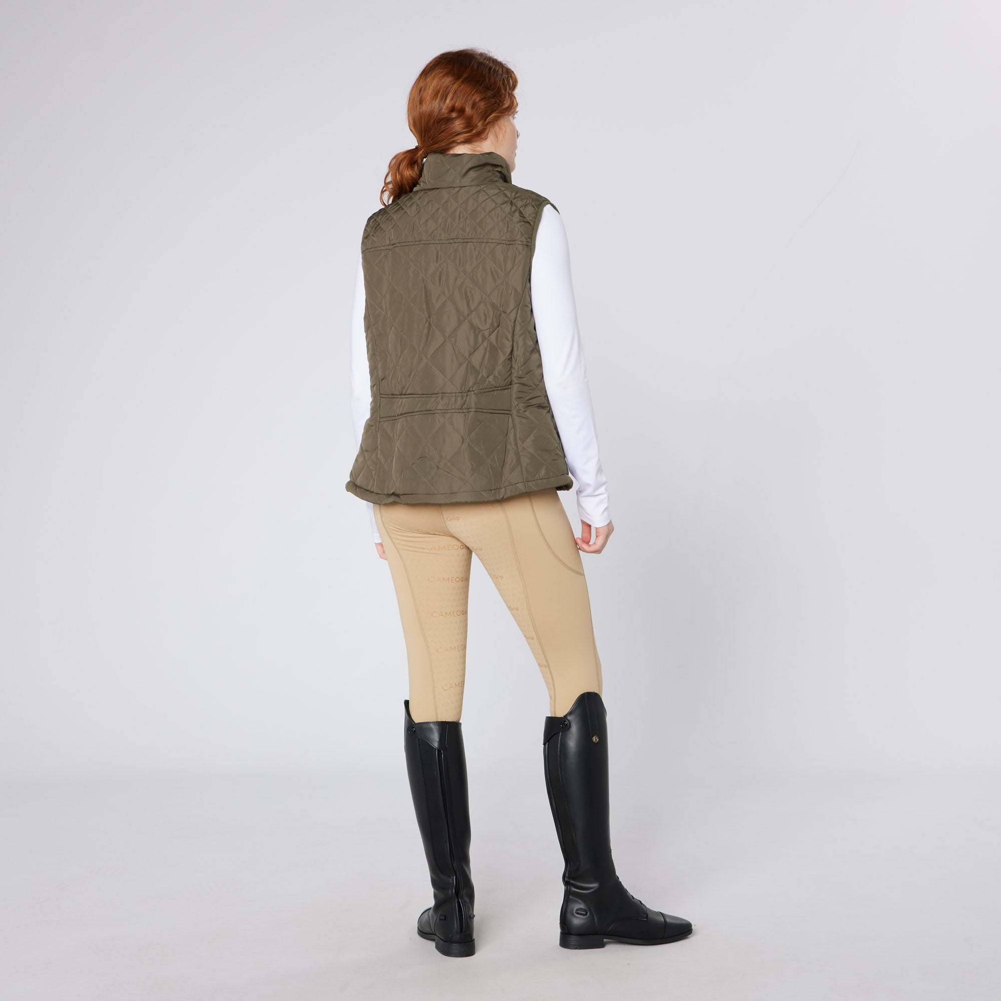 CAMEO ALL SEASON GILET OLIVE - Equiflair. Olive green vest with quilted design and equestrian style.