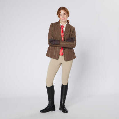 Equiflair CAMEO Brown Tweed Show Jacket: Equestrian style for the show ring, tailored fit, fox head buttons. Stylish riding apparel.