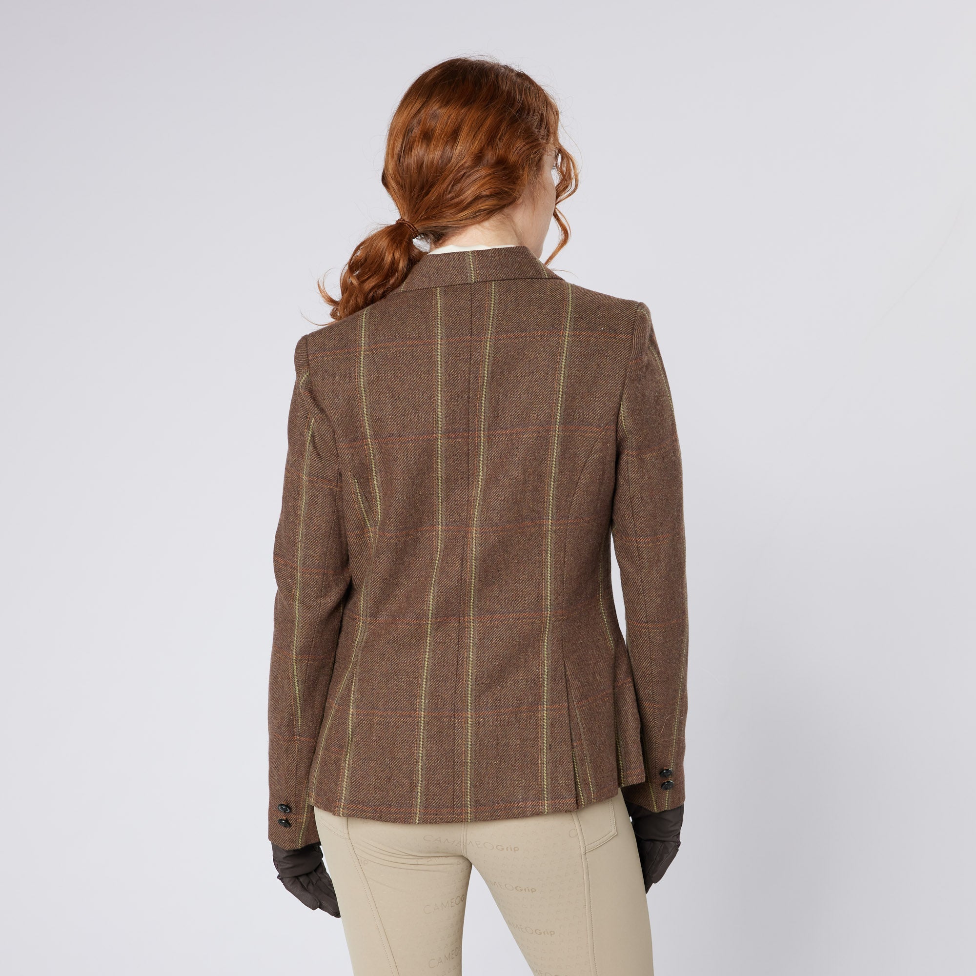 CAMEO Tweed Show Jacket Brown: Equestrian Riding Apparel. Classic tweed jacket with fox head buttons for horse shows, available at Equiflair