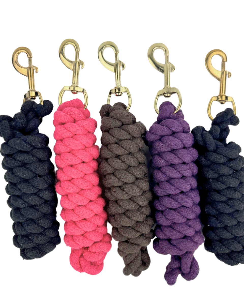 Colorful Horse Lead Ropes: Cotton & Polycotton. Black, Pink, Brown, Purple. Durable Equestrian Supplies.