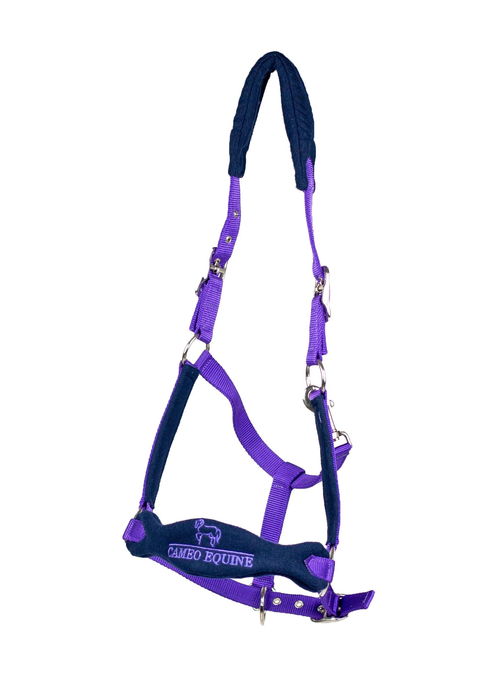 CAMEO ELITE Horse Halter Purple/Navy | Equiflair padded Headcollar with Silver Fittings & Matching Rope