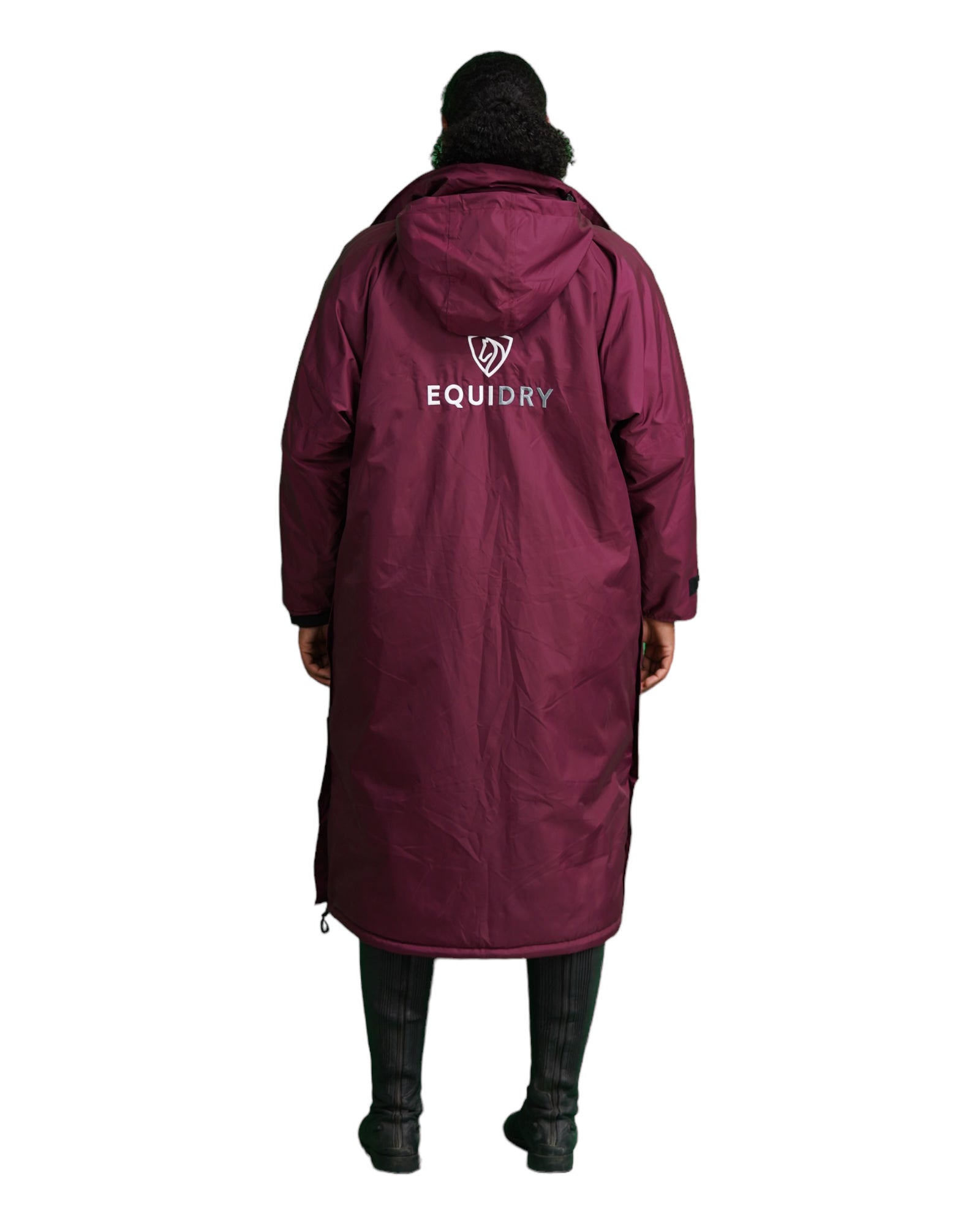 EQUIDRY Evolution Pro women's Warm Waterproof Horse Riding Coat Thick Fleece Lining Stowaway Hood in Plum back of coat hood down