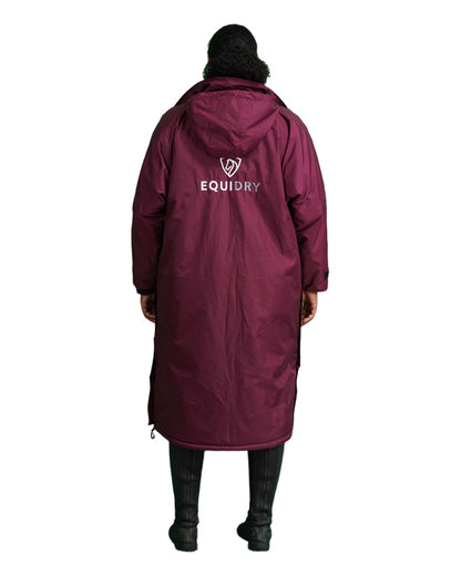 EQUIDRY Evolution Pro women's Warm Waterproof Horse Riding Coat Thick Fleece Lining Stowaway Hood in Plum back of coat hood down