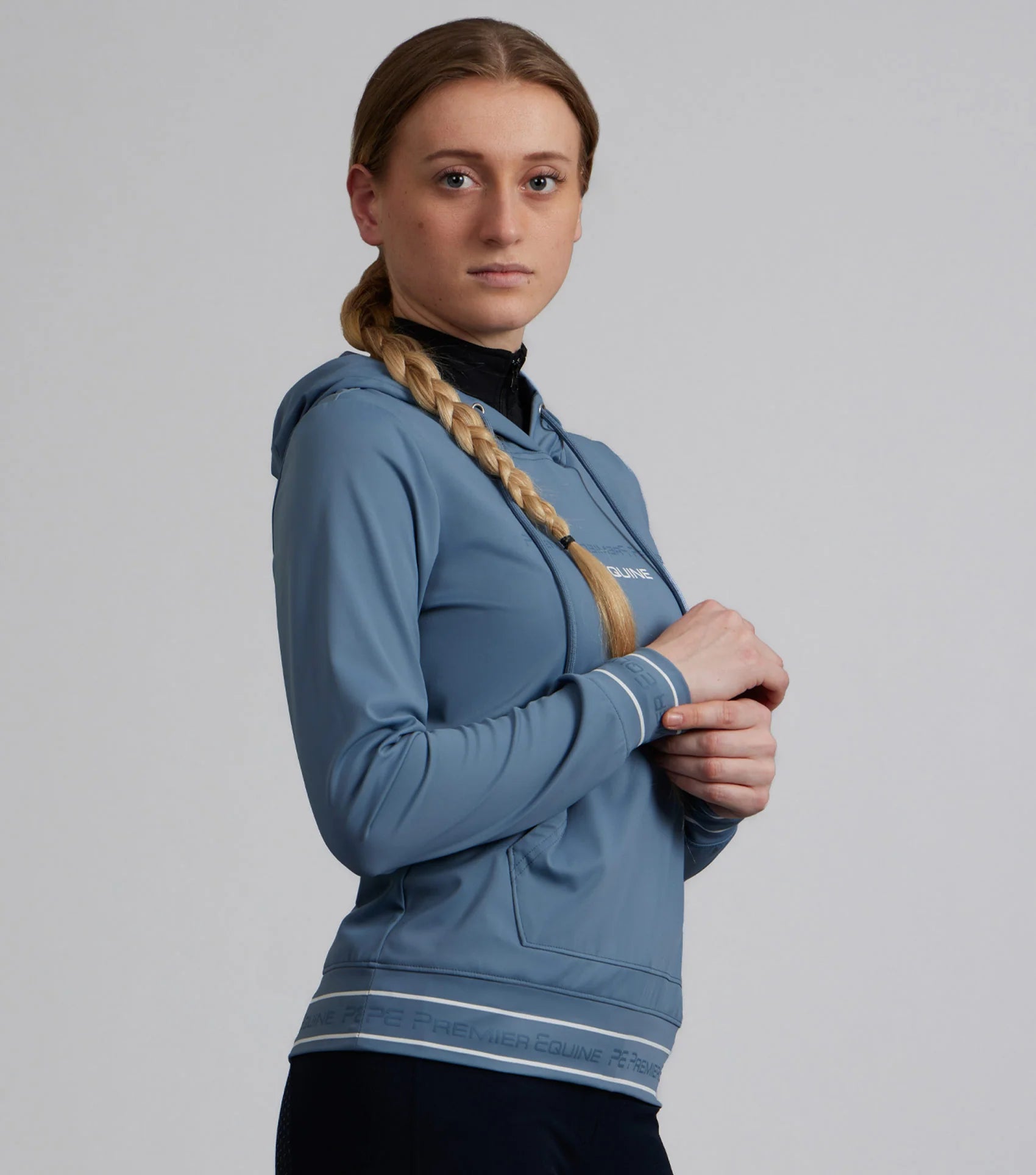 PREMIER EQUINE Cadenza Riding Hoodie - San Marino Blue. Lightweight, Moisture-wicking technical sportswear for equestrian athletes.