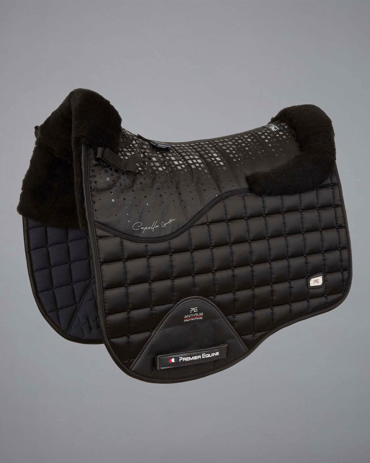 PREMIER EQUINE Capella Black Dressage Saddle Pad with Merino Wool. Anti-Slip, High Wither Design. For Horse Riding Comfort and Protection.