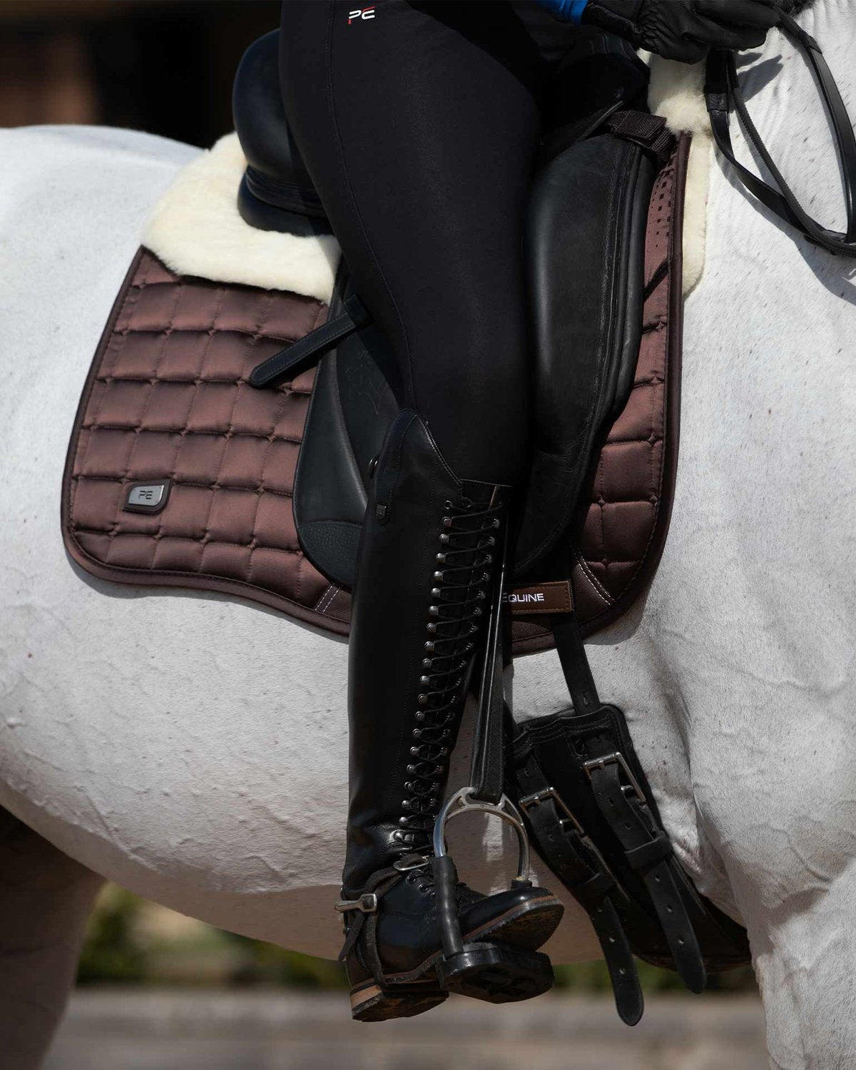Premier Equine Dressage Saddle Pad - Merino Wool, Close Contact, Brown Quilted Design, Horse Riding Equipment.