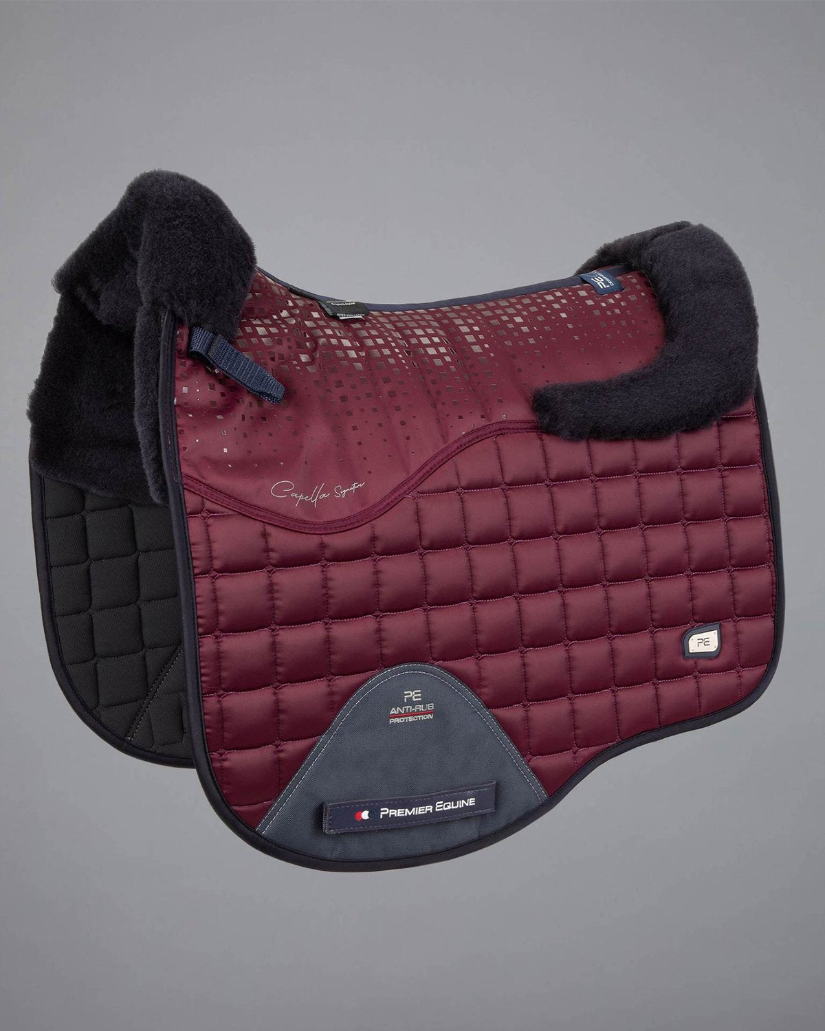 Premier Equine Capella Dressage Square: Merino Wool, Anti-Slip, Wine/Navy. Close Contact Saddle Pad for Horses